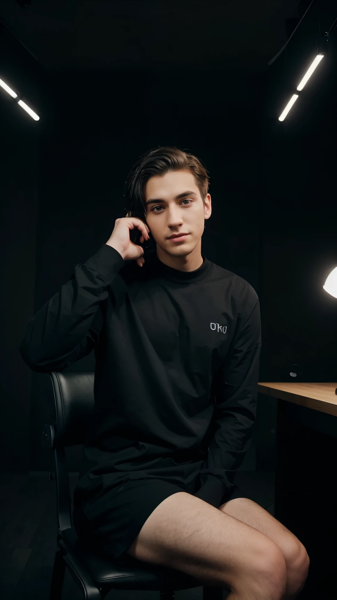 YouTuber, dressed in black, sitting on a black chair and placing his hands on the table, with lights behind him and the camera facing from the front. Unity 8k