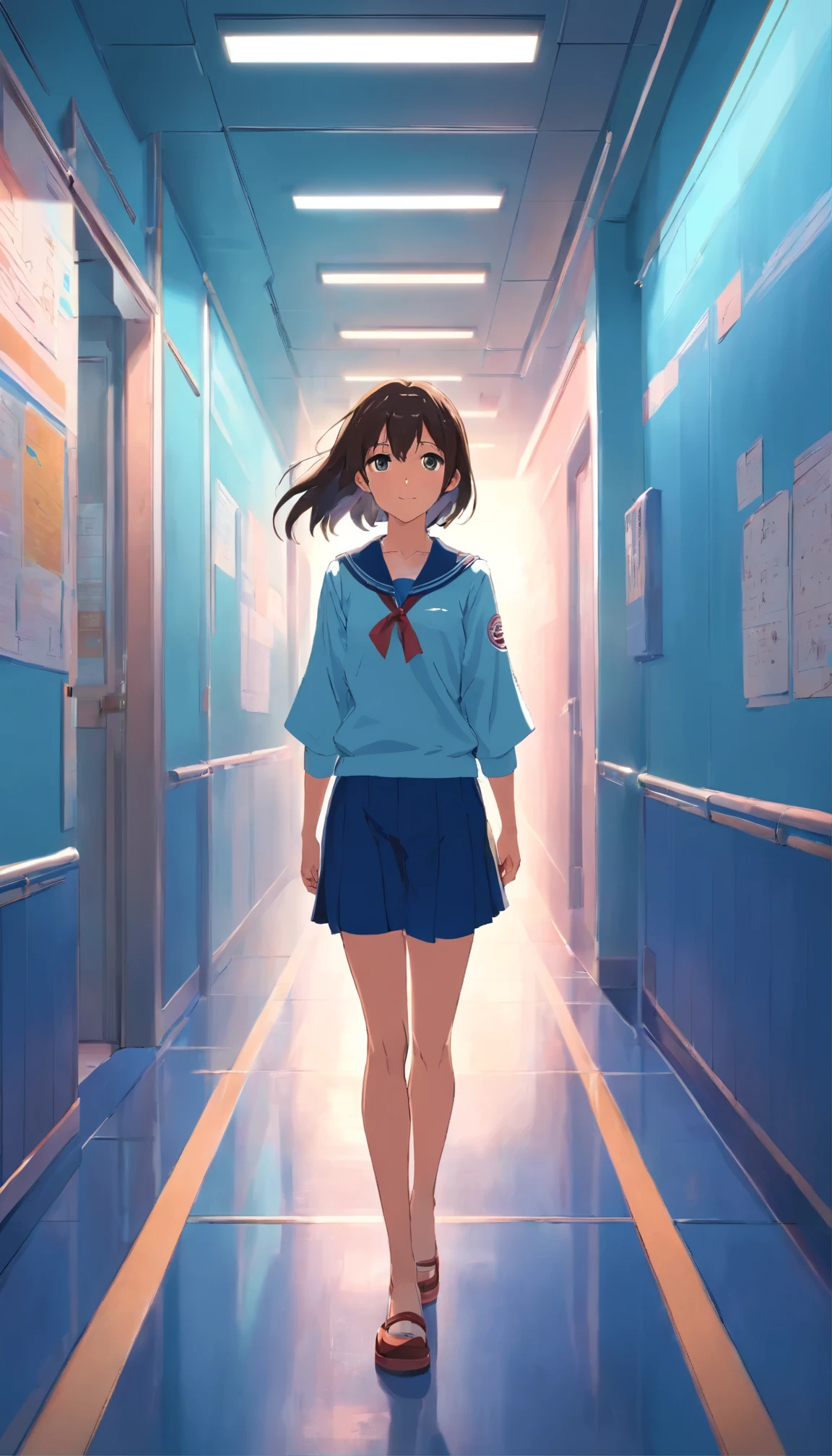 best quality, master piece, ultra high resolution, Realistic, 1 girl,(long, dark hair),unique pupil,(smile),sailor suit,school hallway,wide angle,facing forward
