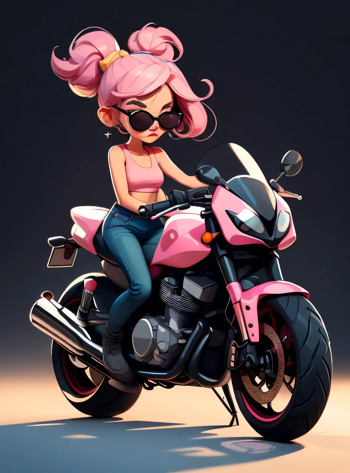 1 adesivo, manual, (adesivo, uma garota estilosa, modelo, Top rosa, escolha tingir o cabelo, oculos de sol, Cool Trend Motorcycle), fundo preto, fundo simples, minimum, Bonitinho, pequeno, cor pastel, estilo vetorial, sem gradiente,