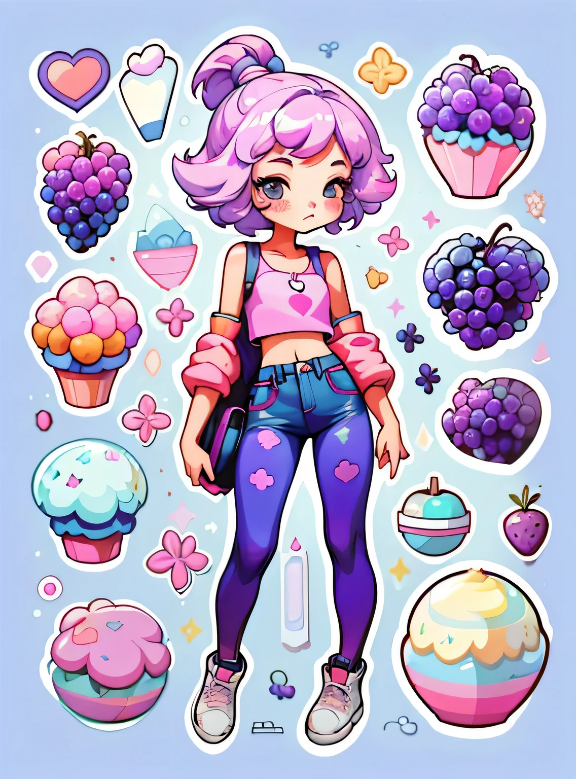 1 adesivo, manual, (uma garota estilosa, modelo, Top rosa, fresco e fresco), fundo roxo e azul, fundo simples, minimum, uva, mirtilo, Bonitinho, pequeno, cor pastel, estilo vetorial, sem gradiente,