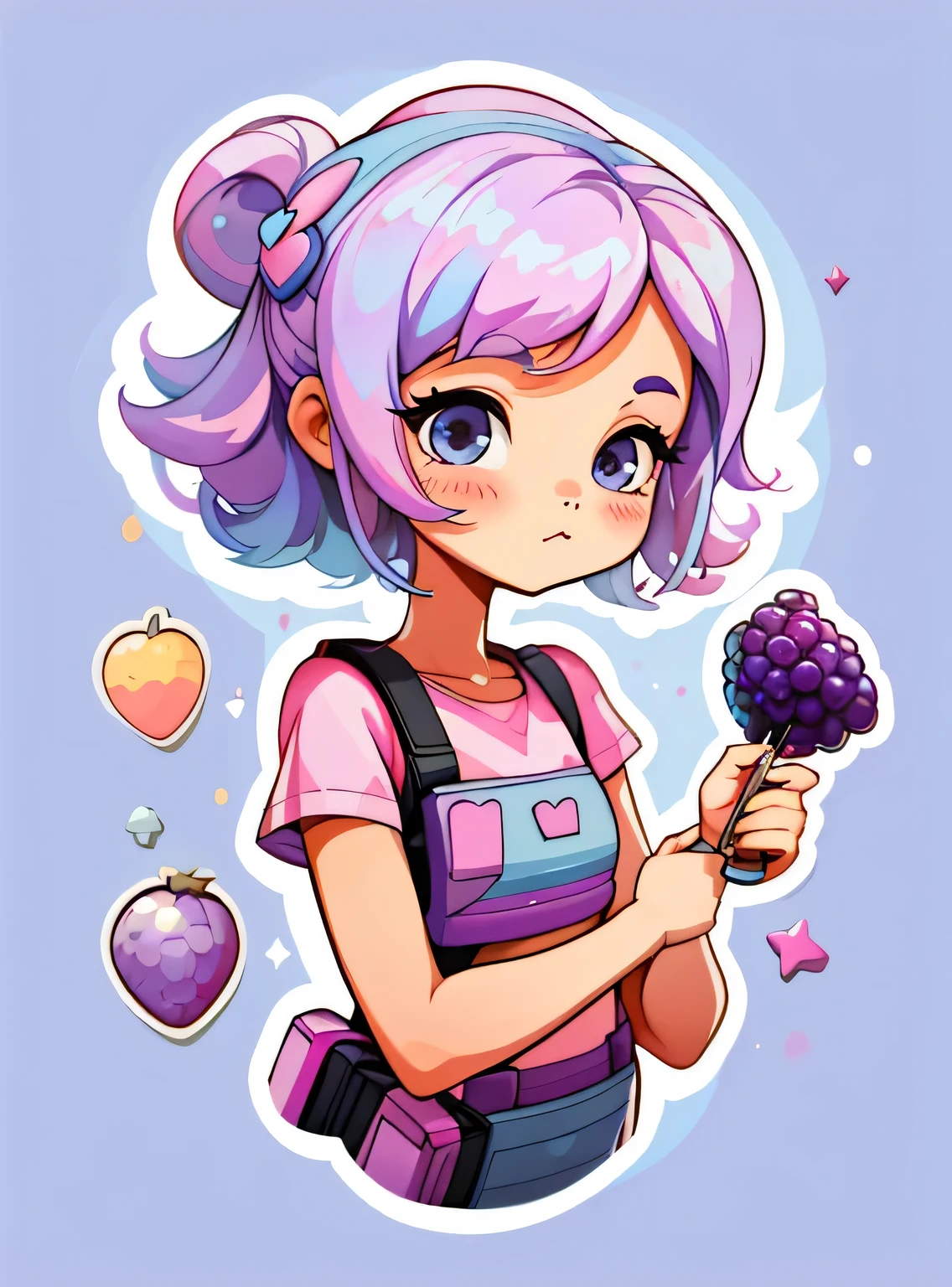1 adesivo, manual, (uma garota estilosa, modelo, Top rosa, fresco e fresco), fundo roxo e azul, fundo simples, minimum, uva, mirtilo, Bonitinho, pequeno, cor pastel, estilo vetorial, sem gradiente，
