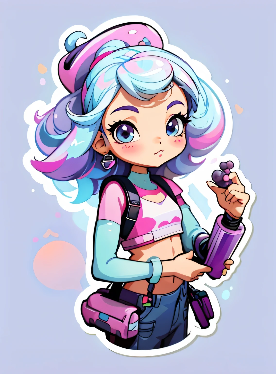 1 adesivo, manual, (uma garota estilosa, modelo, Top rosa, fresco e fresco), fundo roxo e azul, fundo simples, minimum, uva, mirtilo, Bonitinho, pequeno, cor pastel, estilo vetorial, sem gradiente，