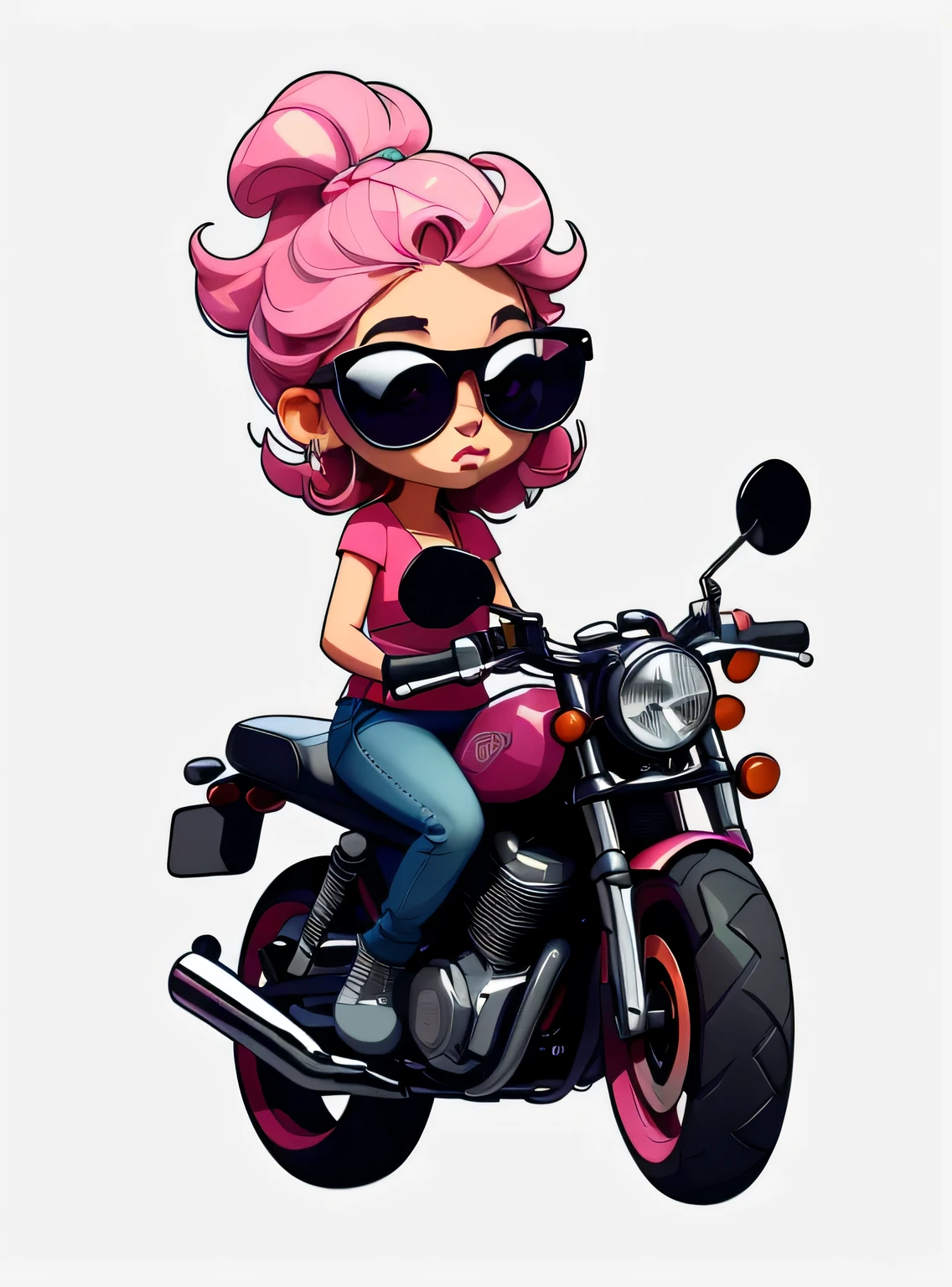 1 adesivo, manual, (adesivo, uma garota estilosa, modelo, Top rosa, escolha tingir o cabelo, oculos de sol, Cool Trend Motorcycle), fundo branco, fundo simples, minimum, Bonitinho, pequeno, cor pastel, estilo vetorial, sem gradiente,