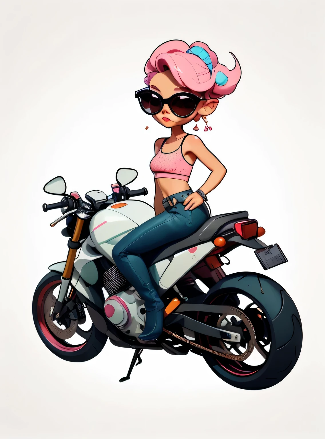 1 adesivo, manual, (adesivo, uma garota estilosa, modelo, Top rosa, escolha tingir o cabelo, oculos de sol, Cool Trend Motorcycle), lilac background, fundo simples, minimum, Bonitinho, pequeno, cor pastel, estilo vetorial, sem gradiente,