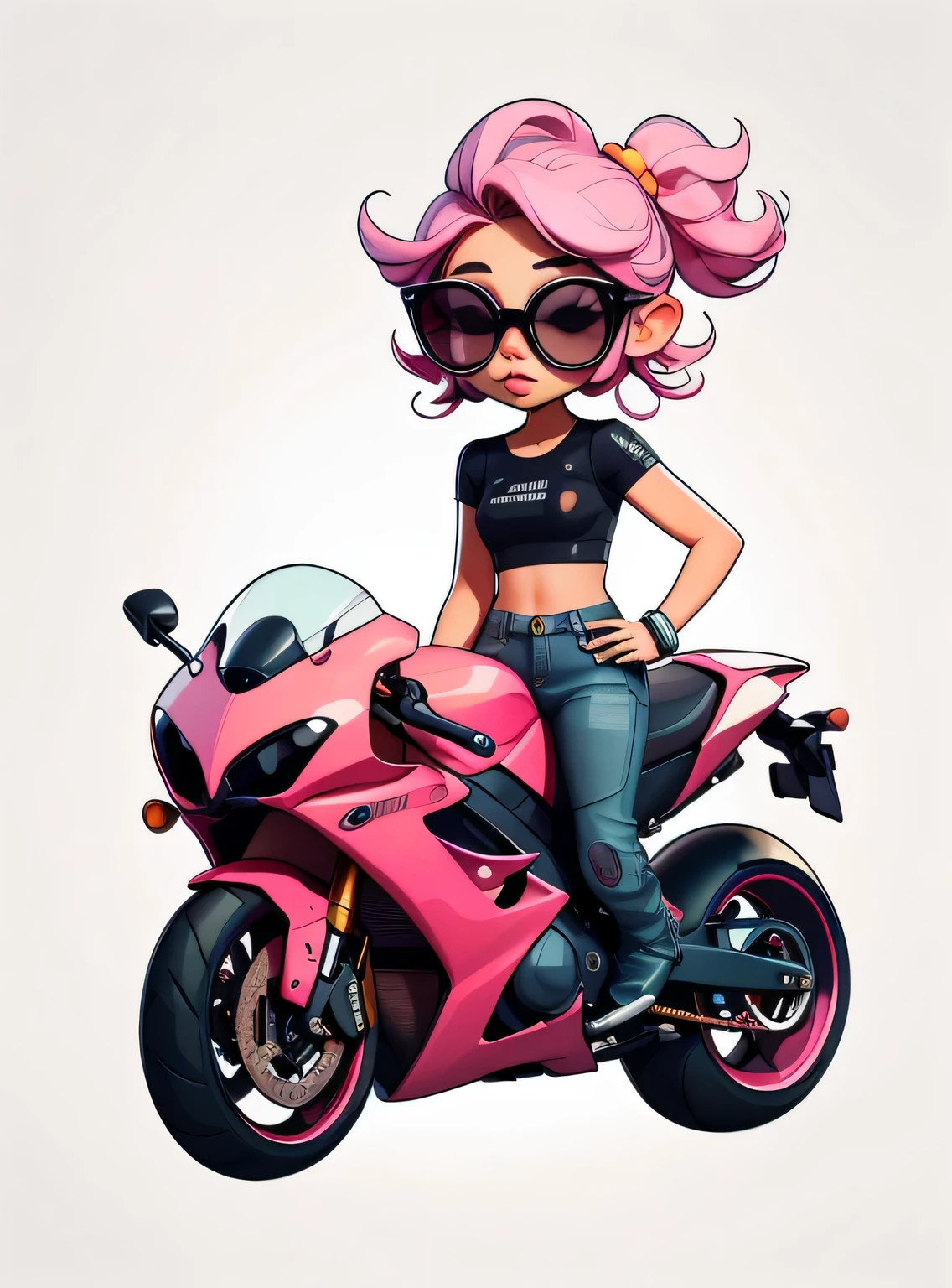 1 adesivo, manual, (adesivo, uma garota estilosa, modelo, Top rosa, escolha tingir o cabelo, oculos de sol, Cool Trend Motorcycle), fundo branco, fundo simples, minimum, Bonitinho, pequeno, cor pastel, estilo vetorial, sem gradiente,