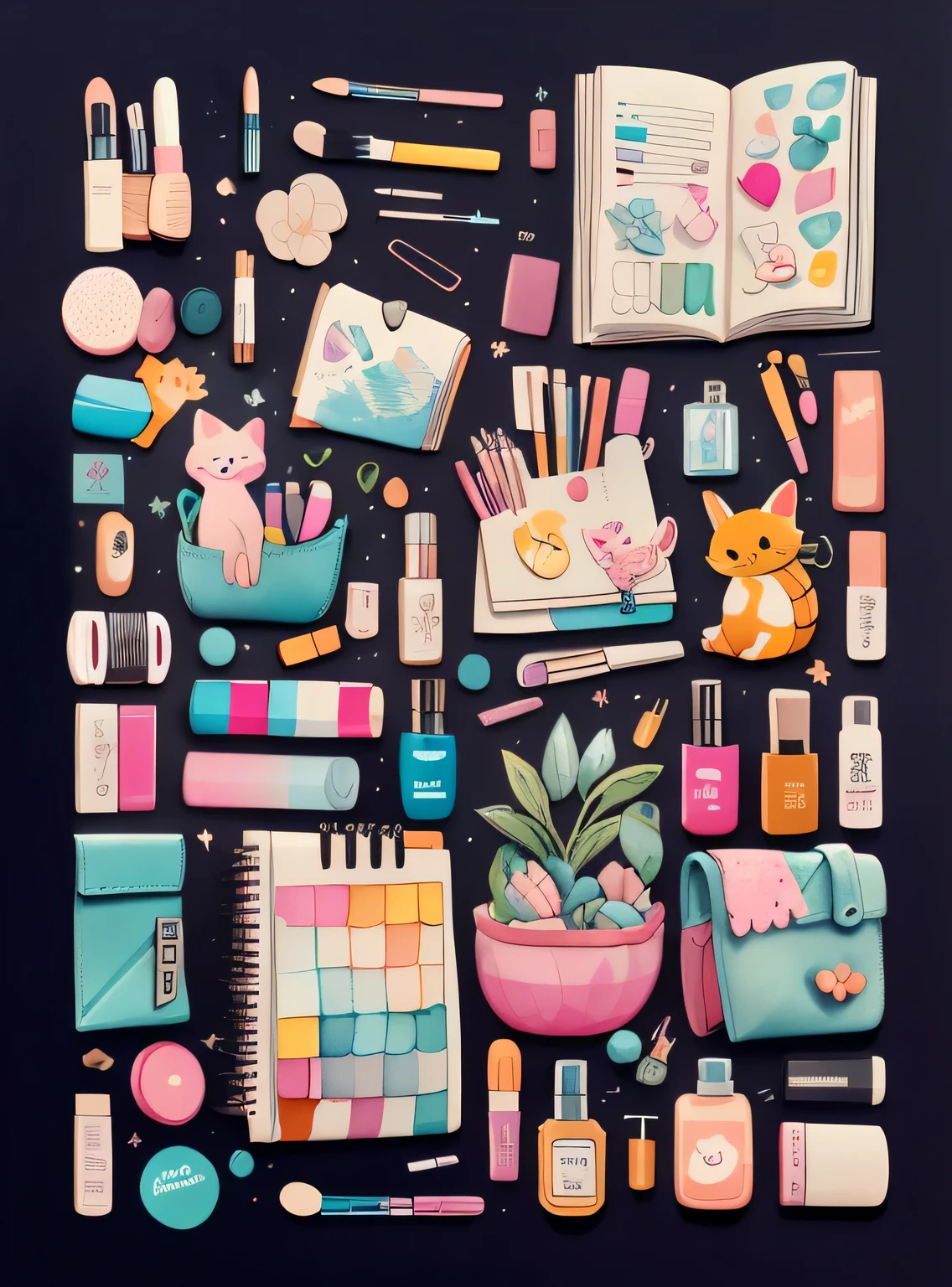 1 adesivo, manual, (adesivo, Layout de Knolling, Watercolor illustration, contents of women's bag, lots of Bonitinho cosmetics, caderno, papelaria, tissue, Bonitinho pouch), fundo branco, fundo simples, minimum, Bonitinho, pequeno, cor pastel, estilo vetorial, sem gradiente,