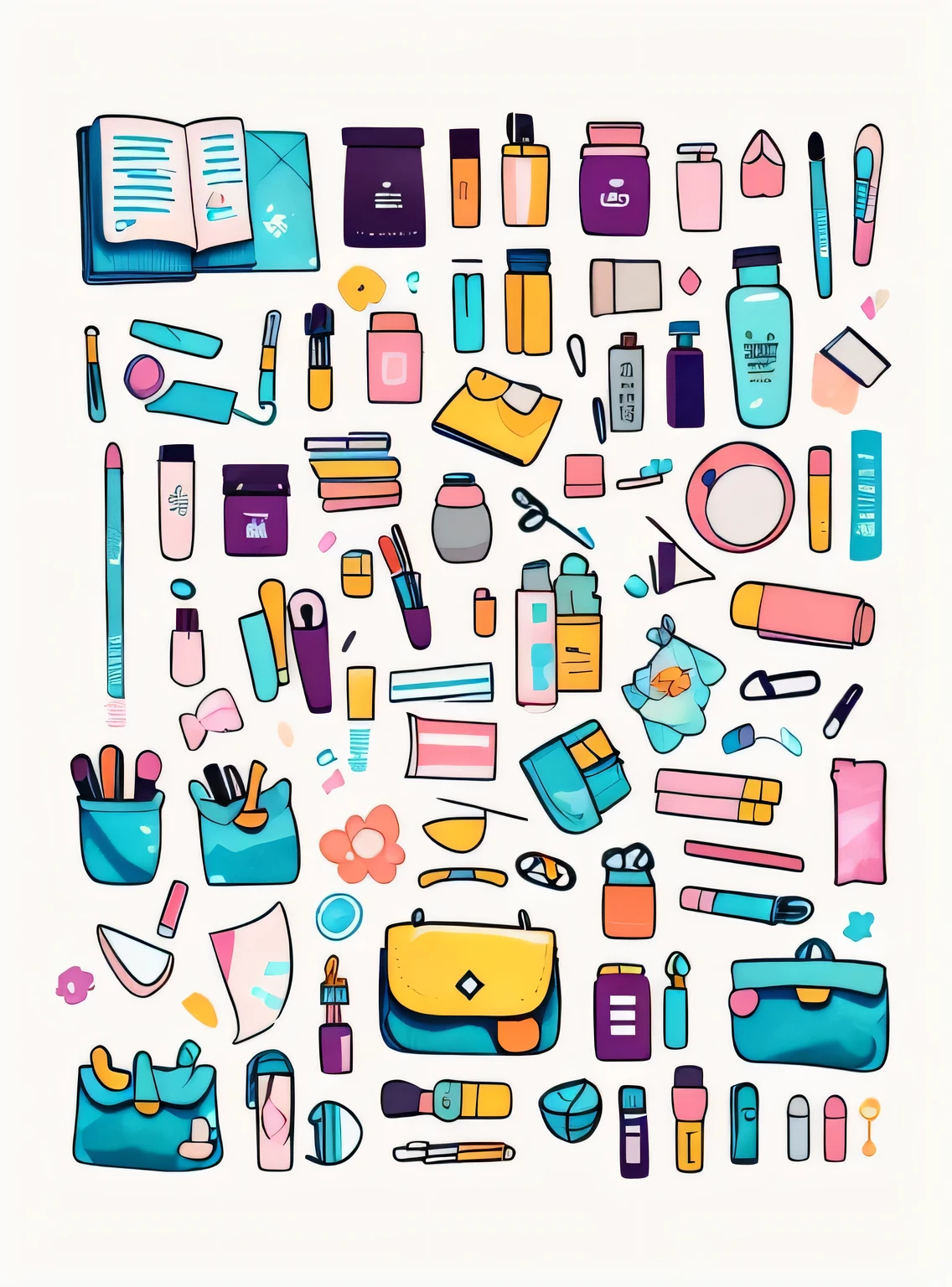 1 adesivo, manual, (adesivo, Layout de Knolling, Watercolor illustration, contents of women's bag, lots of Bonitinho cosmetics, caderno, papelaria, tissue, Bonitinho pouch), fundo branco, fundo simples, minimum, Bonitinho, pequeno, cor pastel, estilo vetorial, sem gradiente,