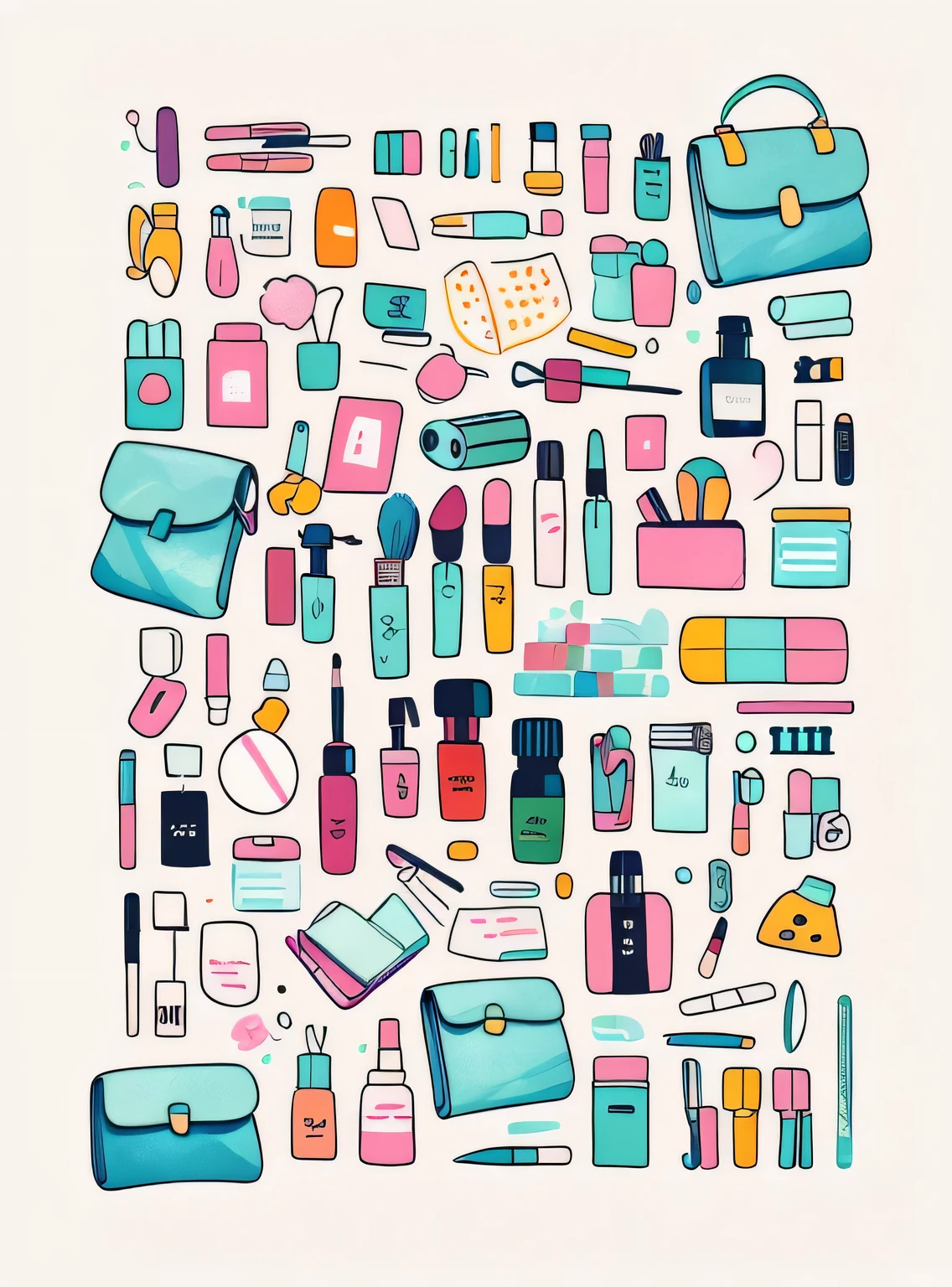 1 adesivo, manual, (adesivo, Layout de Knolling, Watercolor illustration, contents of women&#39;s bag, lots of Bonitinho cosmetics, caderno, papelaria, tissue, Bonitinho pouch), fundo branco, fundo simples, minimum, Bonitinho, pequeno, cor pastel, estilo vetorial, sem gradiente,