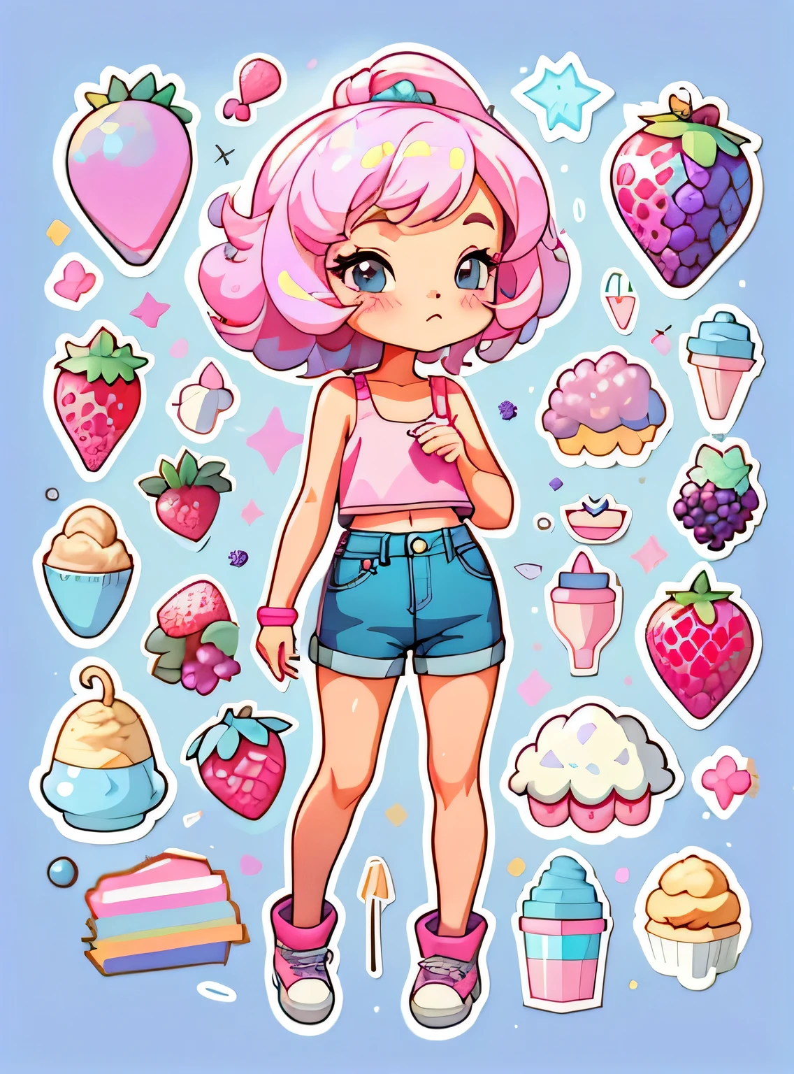 1 adesivo, manual, (uma garota estilosa, modelo, Top rosa, fresco e fresco), fundo roxo e azul, fundo simples, minimum, uva, morango, Bonitinho, pequeno, cor pastel, estilo vetorial, sem gradiente,