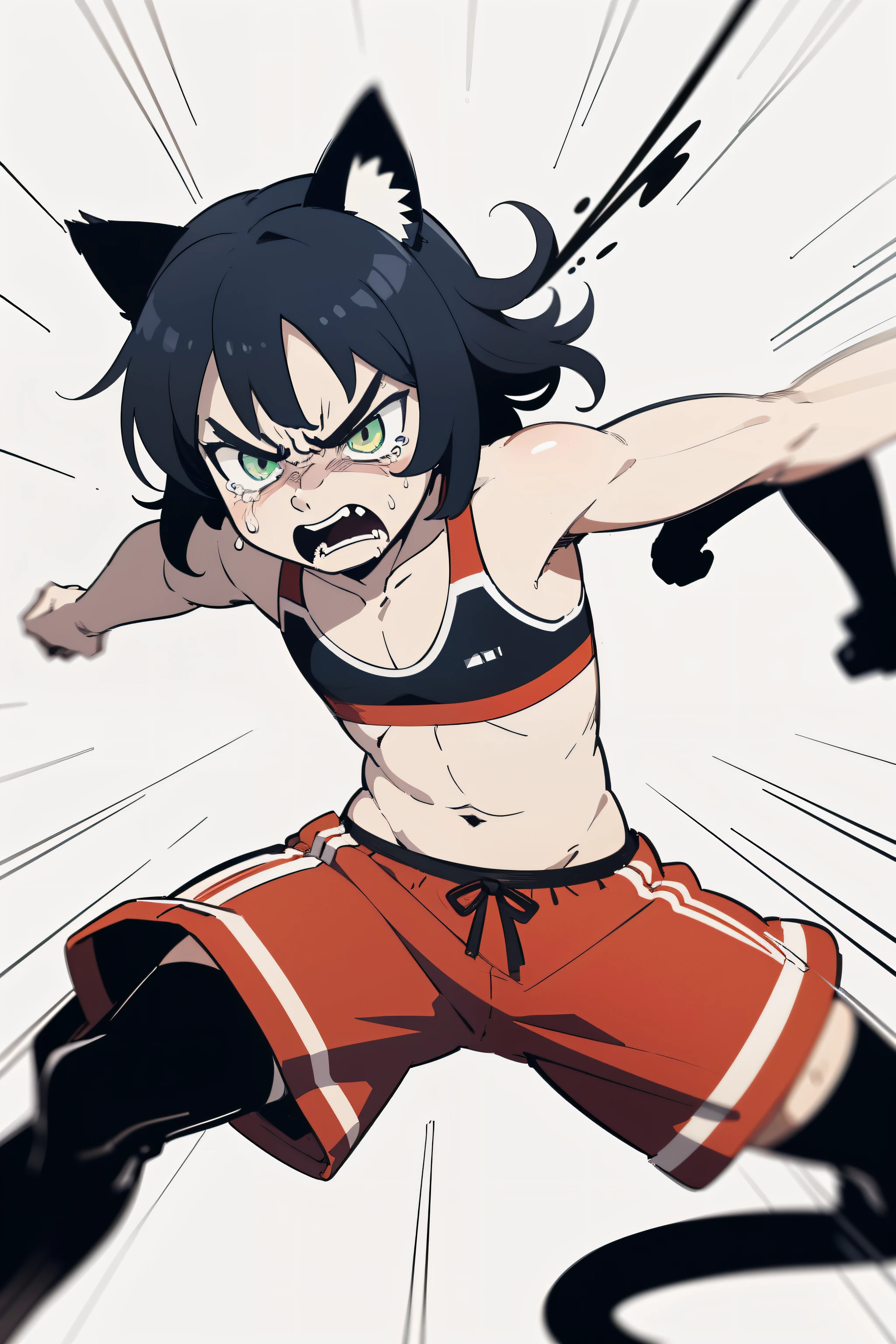 (superflat, flat shading, flat colors), girl, , 10yo, lolilat chest, skinny, red sports bra, sports shorts, black overknees, fighting pose, angry, serious, emotional, attacking, dynamic pose, motion effect, (cat ears), white background, vibrant colors, bright,