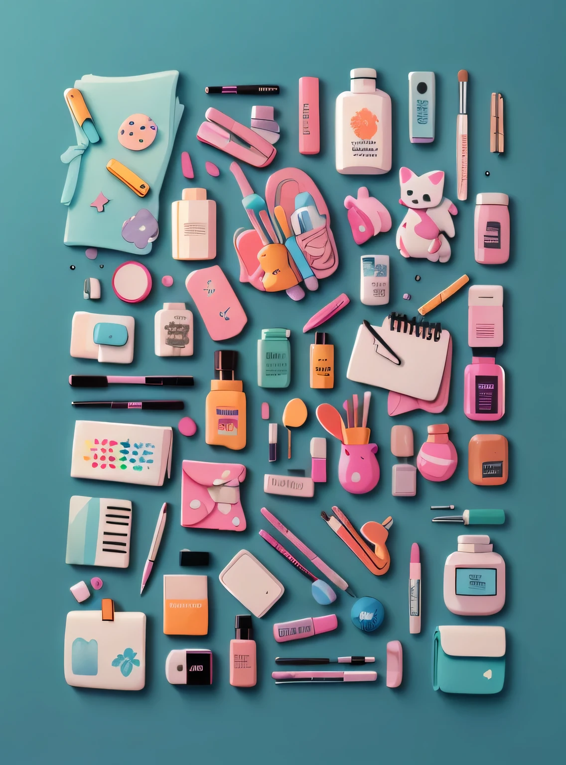 1 adesivo, manual, (adesivo, Layout de Knolling, Watercolor illustration, contents of women's bag, lots of Bonitinho cosmetics, caderno, papelaria, tissue, Bonitinho pouch), fundo azul, fundo simples, minimum, Bonitinho, pequeno, cor pastel, estilo vetorial, sem gradiente,