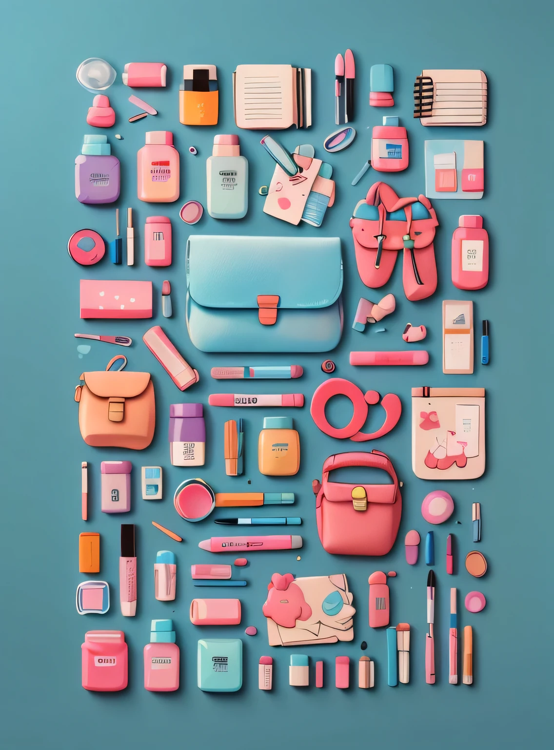 1 adesivo, manual, (adesivo, Layout de Knolling, Watercolor illustration, contents of women's bag, lots of Bonitinho cosmetics, caderno, papelaria, tissue, Bonitinho pouch), fundo azul, fundo simples, minimum, Bonitinho, pequeno, cor pastel, estilo vetorial, sem gradiente,