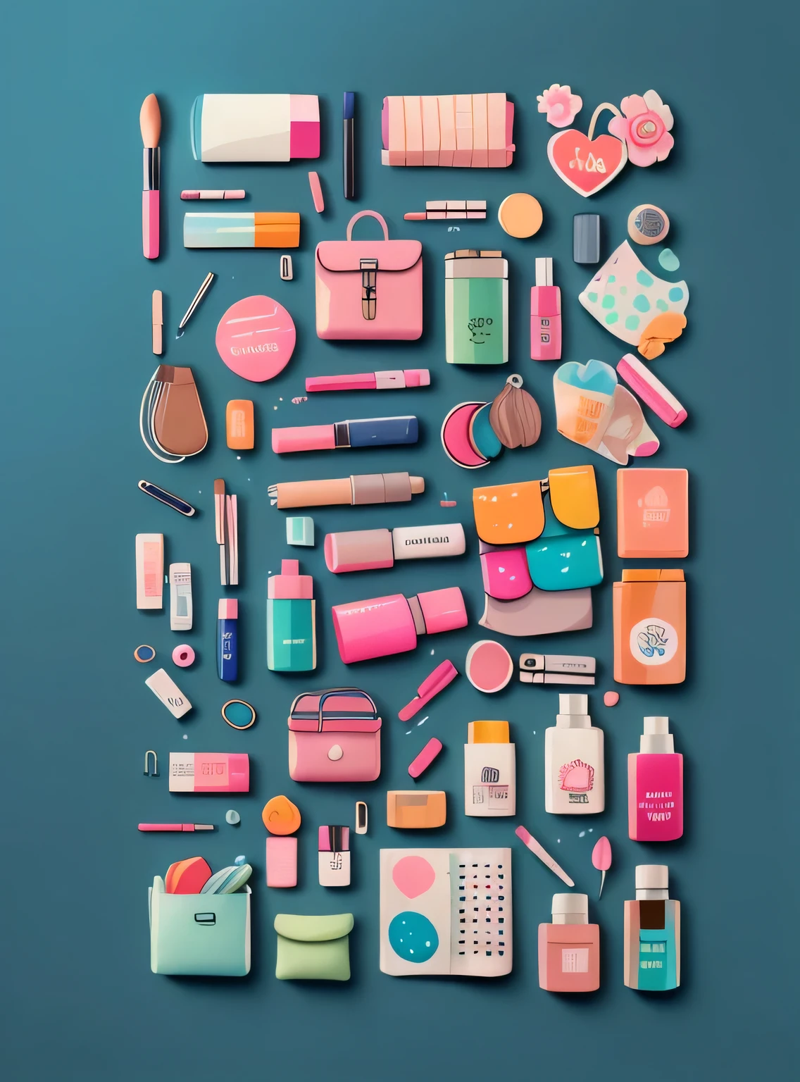 1 adesivo, manual, (adesivo, Layout de Knolling, Watercolor illustration, contents of women's bag, lots of Bonitinho cosmetics, caderno, papelaria, tissue, Bonitinho pouch), fundo azul, fundo simples, minimum, Bonitinho, pequeno, cor pastel, estilo vetorial, sem gradiente,