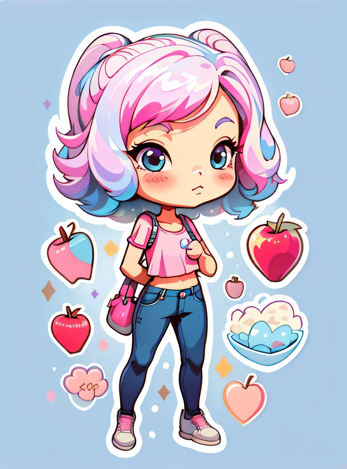 1 adesivo, manual, (uma garota estilosa, modelo, Top rosa, fresco e fresco), fundo roxo e azul, fundo simples, minimum, elma, morango, Bonitinho, pequeno, cor pastel, estilo vetorial, sem gradiente,