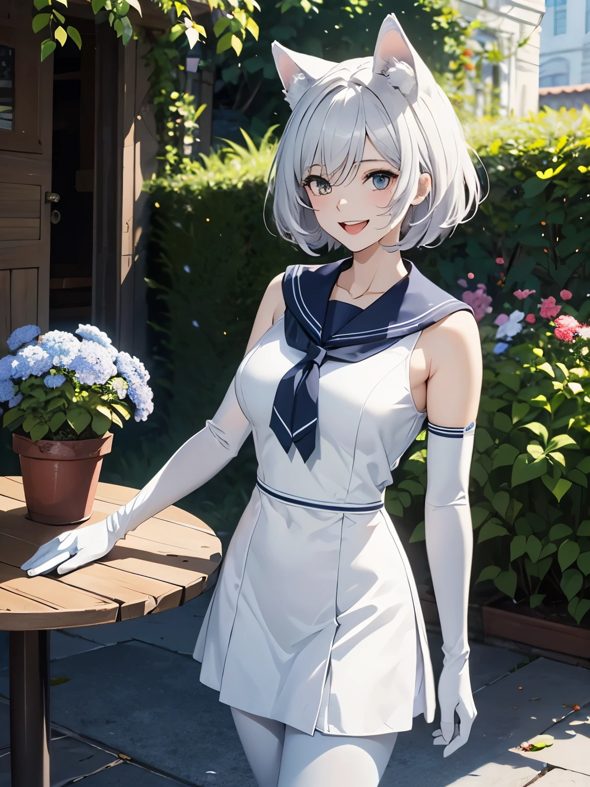 table top High level image quality best image quality 8K adult woman portrait white long gloves white pantyhose sailor suit(sleeveless) White wolf ears short hair((shortcut)(gray hair)(perm)(fluffy)) eye color is blue Face seducing((laughter)(smile)(open your mouth)) Are standing garden