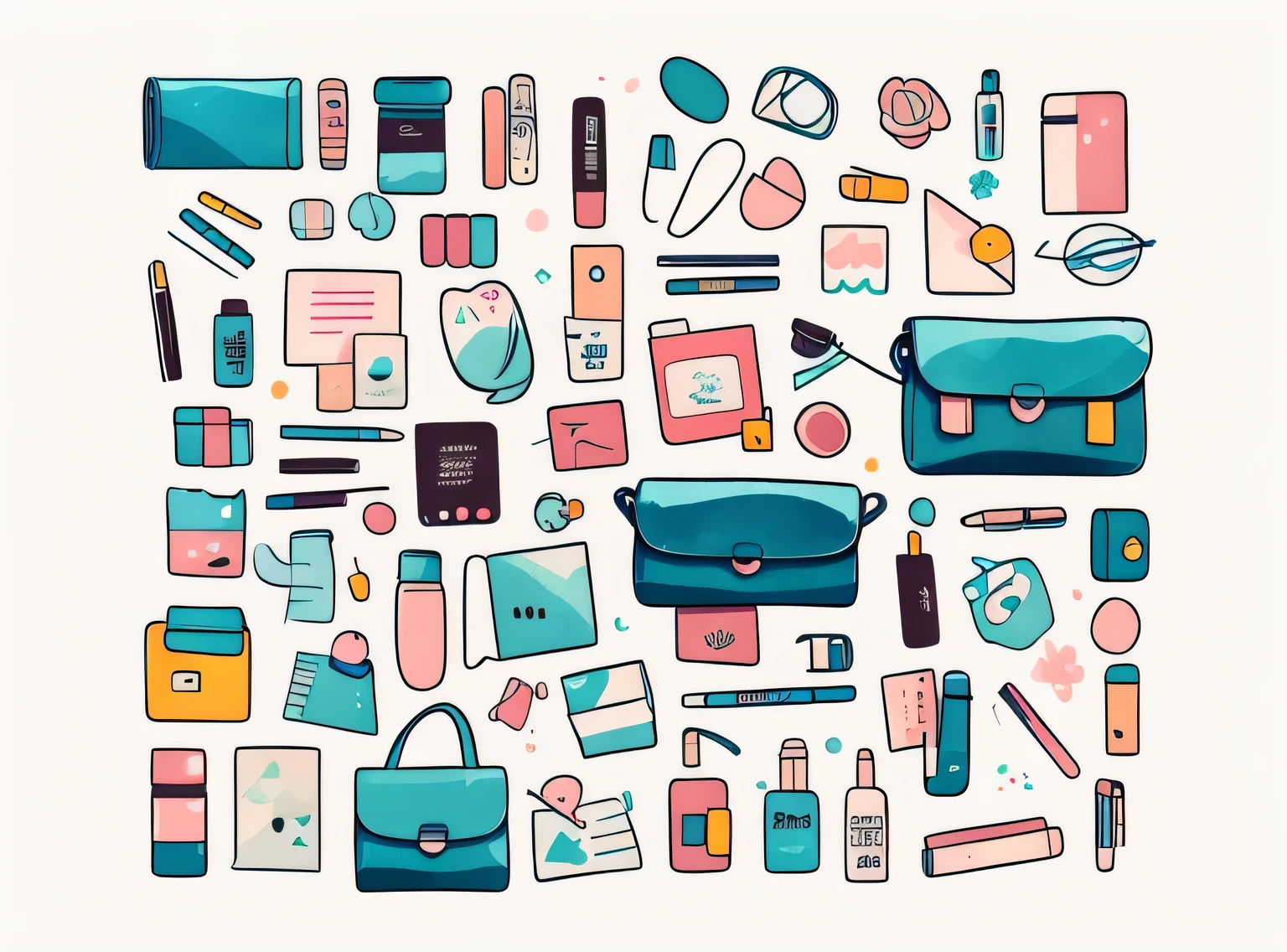 1 adesivo, manual, (adesivo, Layout de Knolling, Watercolor illustration, contents of women's bag, lots of Bonitinho cosmetics, caderno, papelaria, tissue, Bonitinho pouch), fundo branco, fundo simples, minimum, Bonitinho, pequeno, cor pastel, estilo vetorial, sem gradiente,