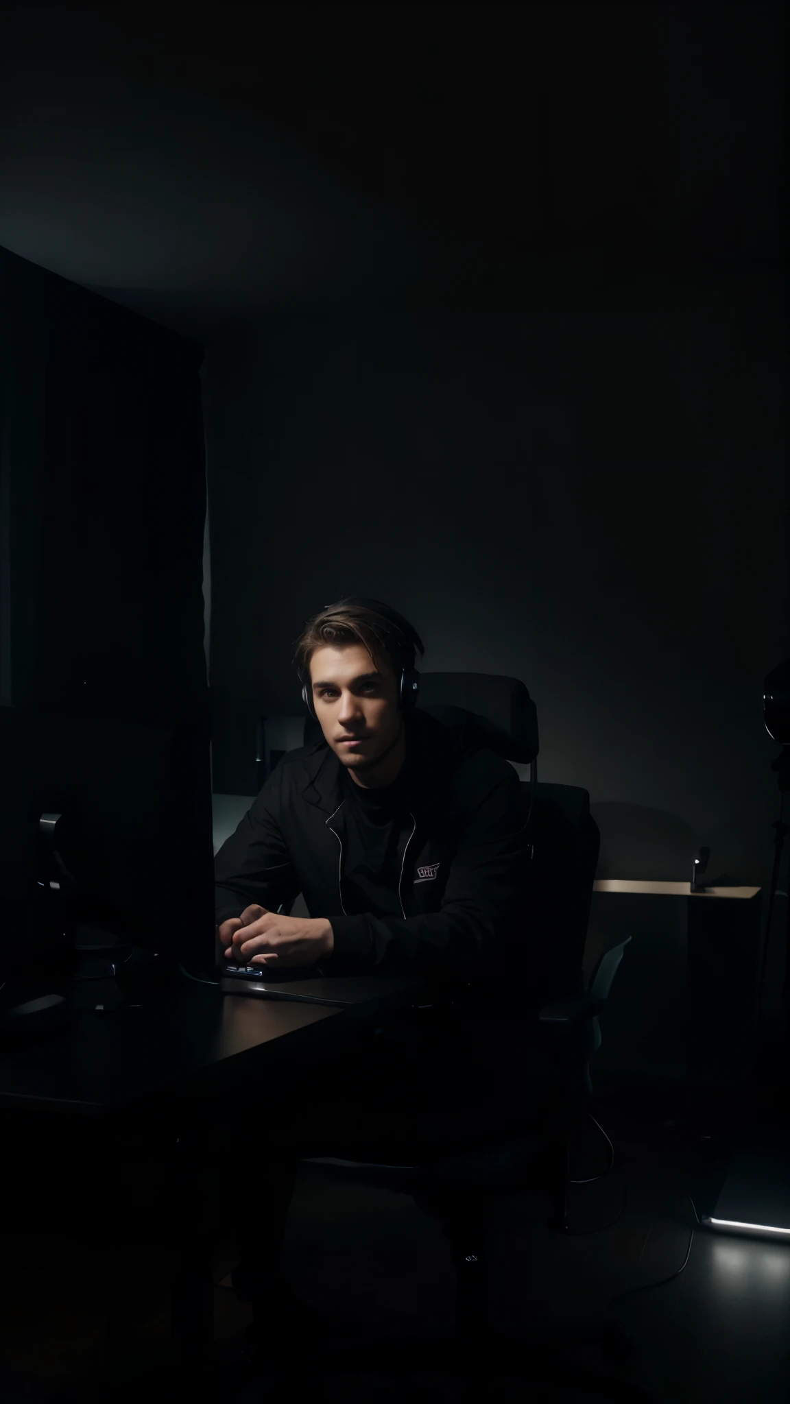 YouTuber, dressed in black, sitting on a black chair and placing his hands on the desk, with lights behind him and the point of filming from the front, and a computer and a microphone for podcasts added above the desk. With 8k graphics