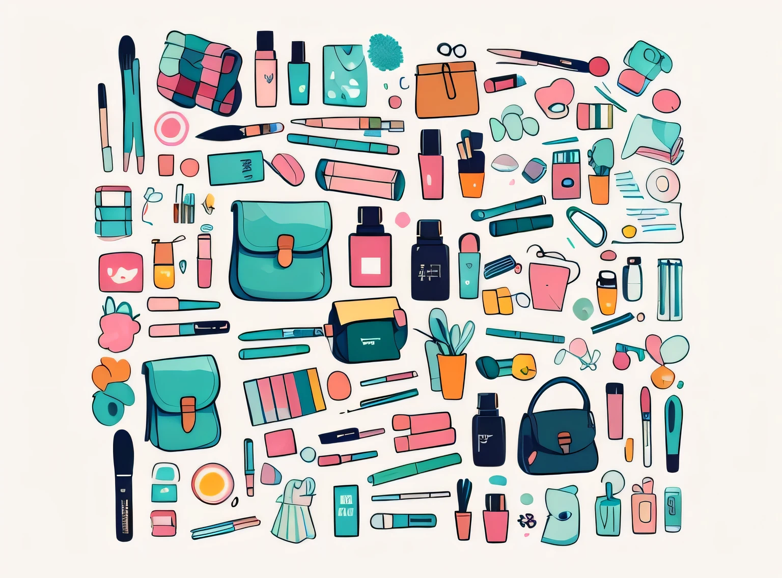1 adesivo, manual, (adesivo, Layout de Knolling, Watercolor illustration, contents of women&#39;s bag, lots of Bonitinho cosmetics, caderno, papelaria, tissue, Bonitinho pouch), fundo branco, fundo simples, minimum, Bonitinho, pequeno, cor pastel, estilo vetorial, sem gradiente,