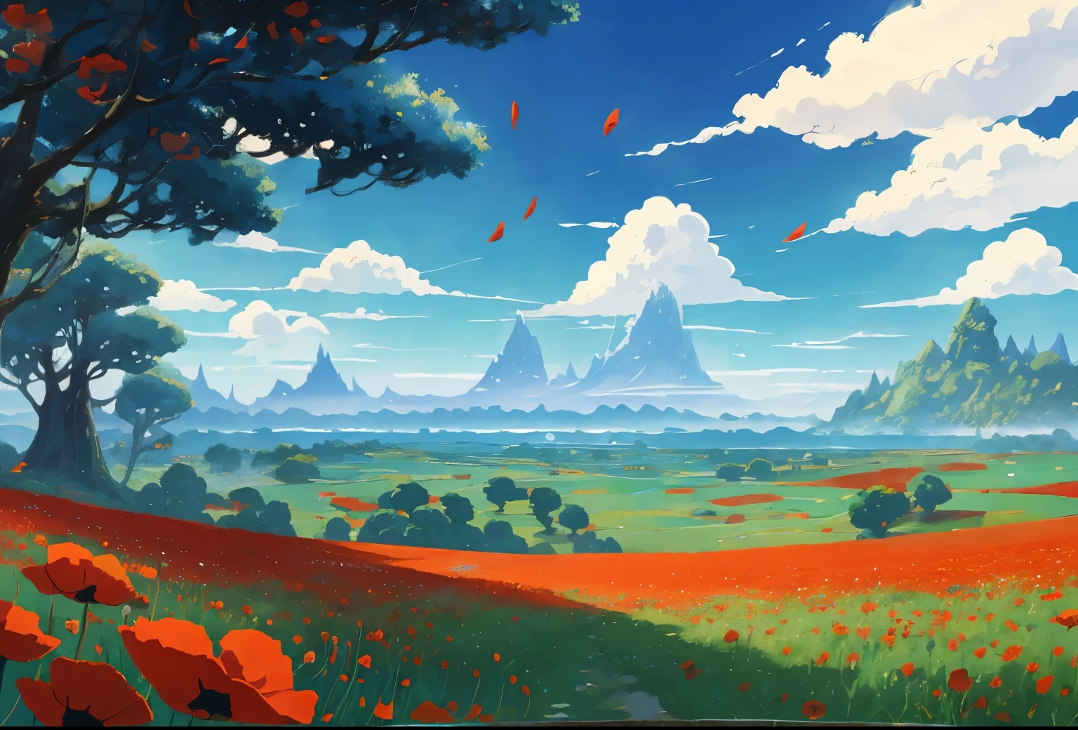 DVD screengrab from studio ghibli movie, beautiful countryside with poppies in the foreground, clouds on blue sky, designed by Hayao Miyazaki, retro anime