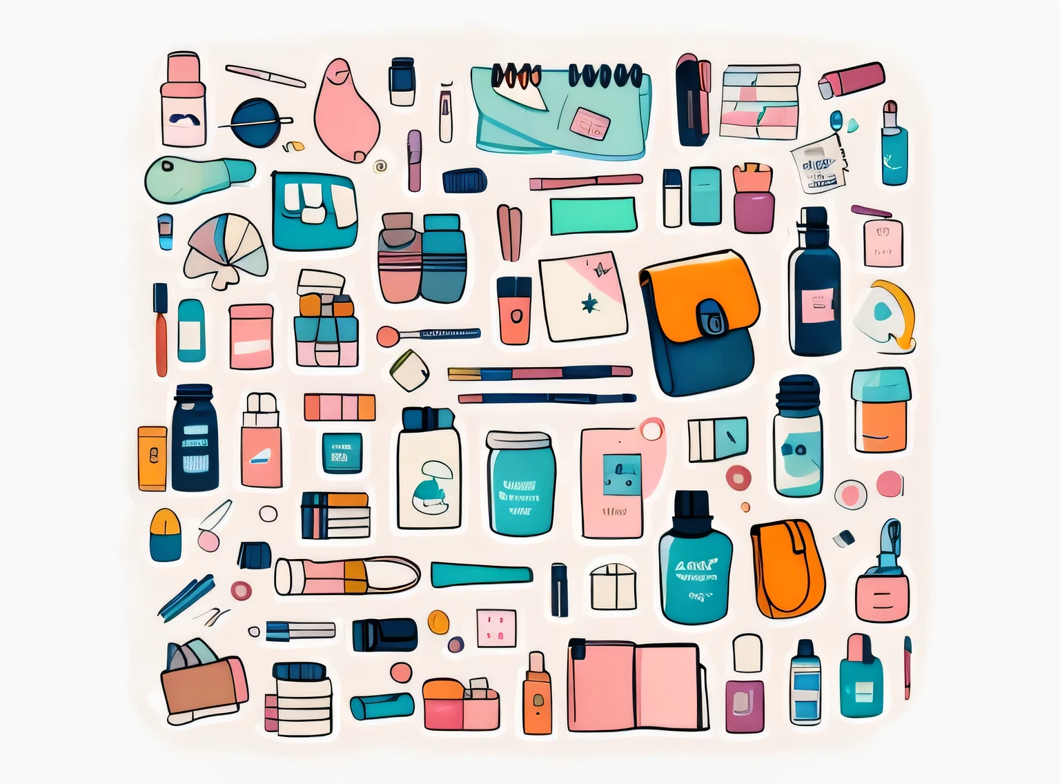 1 adesivo, manual, (adesivo, Layout de Knolling, Watercolor illustration, contents of women's bag, lots of Bonitinho cosmetics, caderno, papelaria, tissue, Bonitinho pouch), fundo branco, fundo simples, minimum, Bonitinho, pequeno, cor pastel, estilo vetorial, sem gradiente,