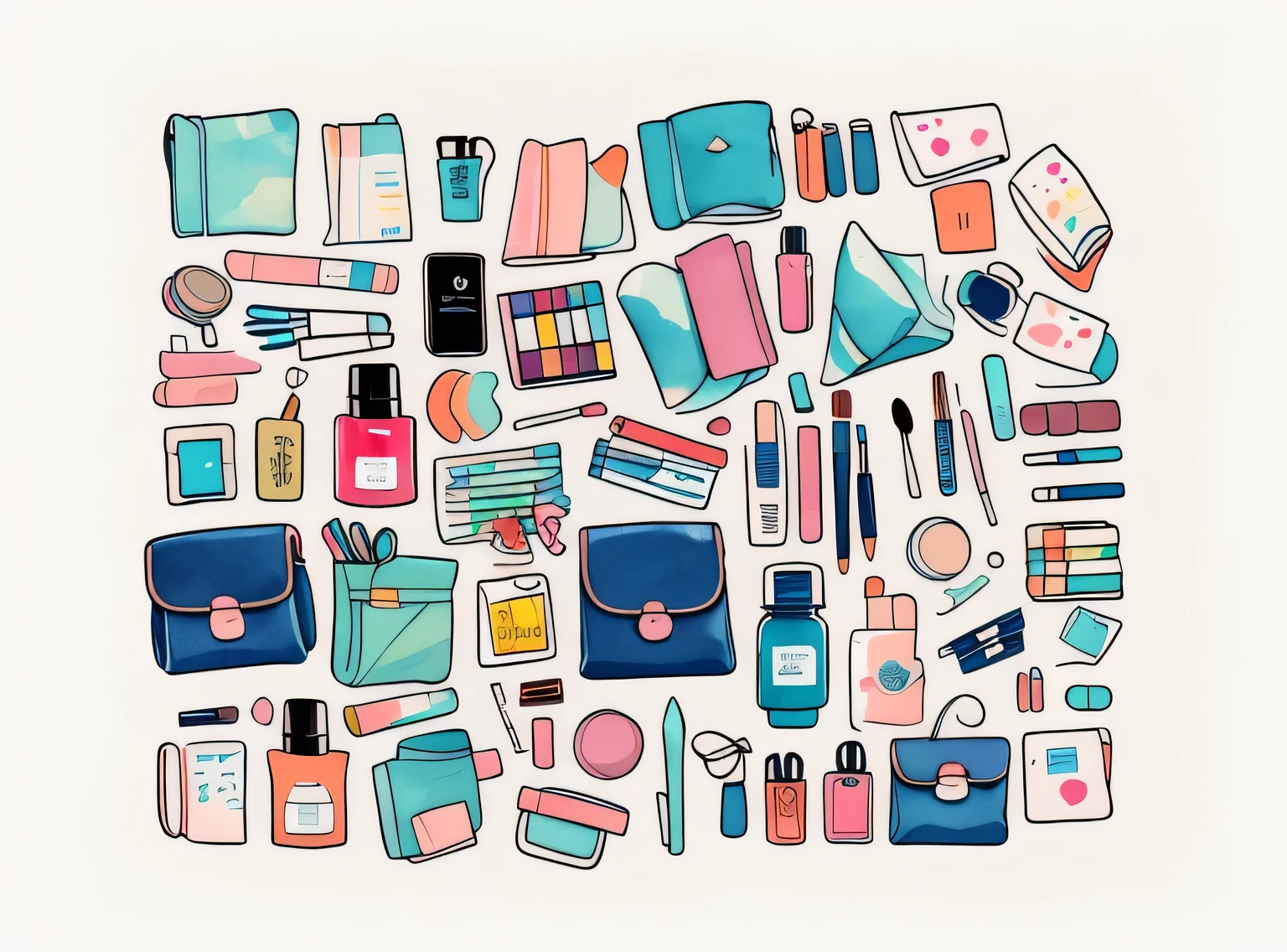 1 adesivo, manual, (adesivo, Layout de Knolling, Watercolor illustration, contents of women's bag, lots of Bonitinho cosmetics, caderno, papelaria, tissue, Bonitinho pouch), fundo branco, fundo simples, minimum, Bonitinho, pequeno, cor pastel, estilo vetorial, sem gradiente,
