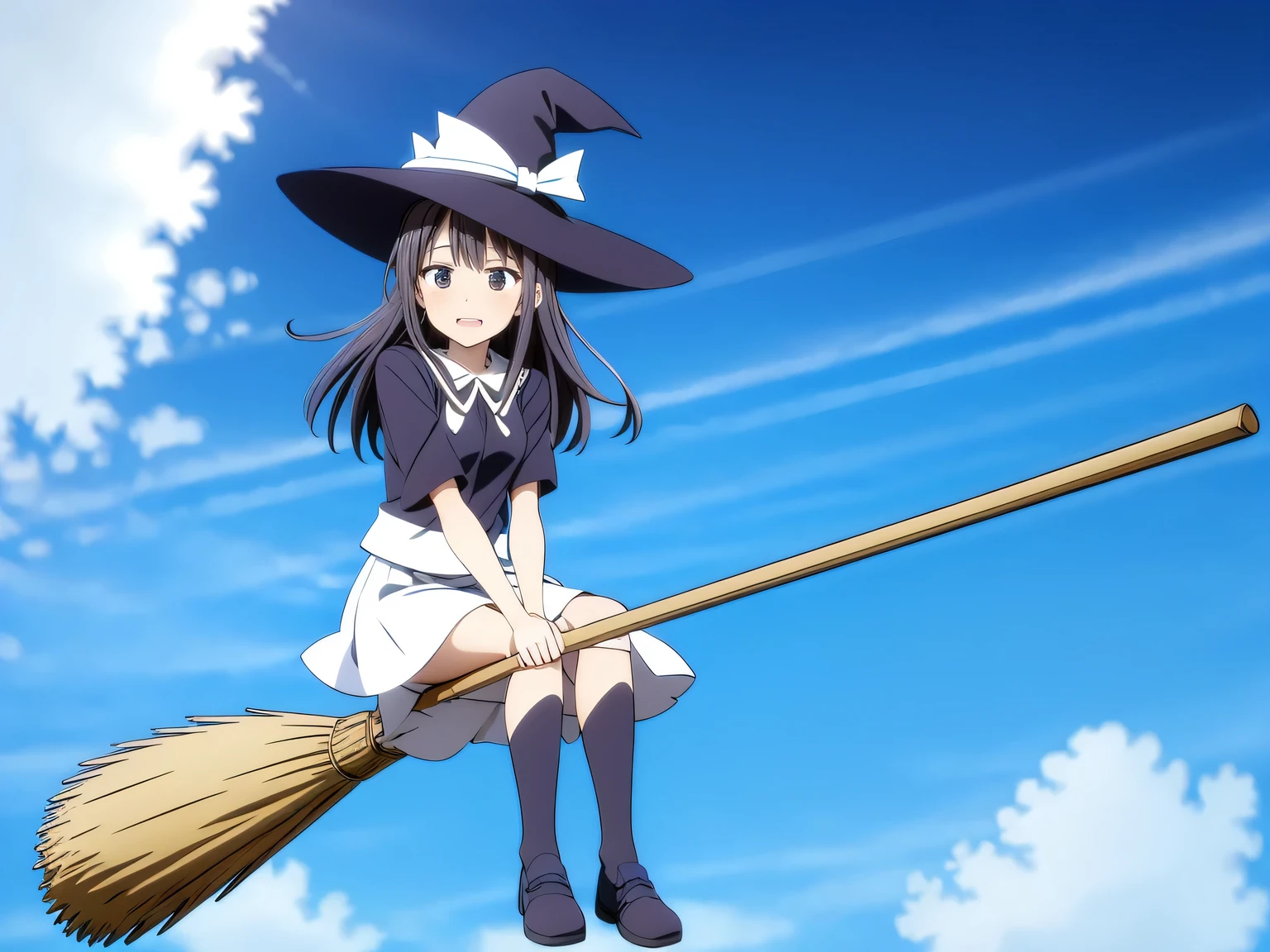 (Flying broomstick race by several witches), Two or three magical girls riding brooms, witch hat, broom, riding a broom, sitting, straddle, straddle a broom, (Magical girls running through the clouds), (serious face: 1.3), (( Compete for speed with your rivals)), (Fly through the clouds: 1.3), (forward leaning posture: 1.3), blue sky, anime, (motion blur), (masterpiece), (highest quality), (Ultra high definition)