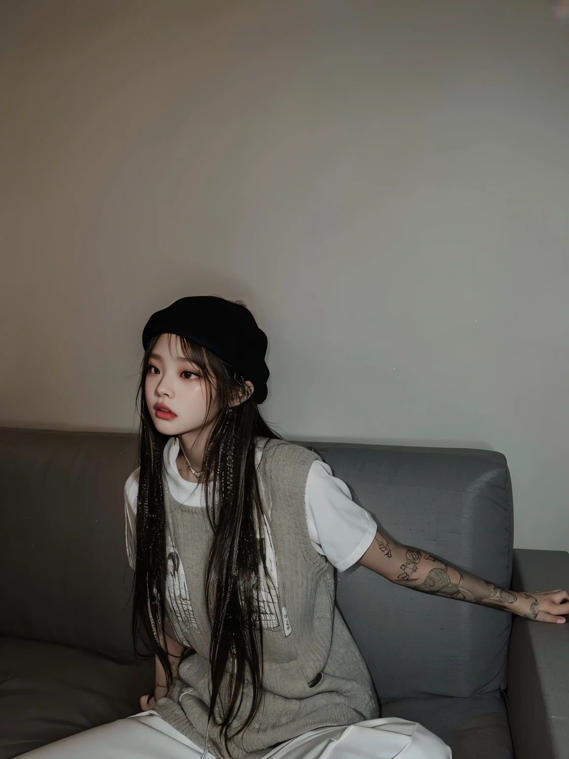 (8k:1.27), best quality, masterpiece, ultra highres:1.2), lesbian delinquent girl with dyed long hair and arm tattoos, tattooed girl, full body picture, dirty old white oversized knotted prisoner t-shirt, dirty big t-shirt with prisoner number written in t-shirt, short big sleeves, beige prisoner pants tied with a rope, wearing dirty old goth clothes, long pink hair pulled back, big pink messy bun, kneeling in a prison cell next to a noose, handcuffed, hands tied with rope behind body, submissive neck choker and checkered keffiyeh scarf in neck, 4k or 8k picture, looking at the floor down very sad, very sad face, praying, paisley bandana pirate style headscarf, smelly, barefoot, rope noose hanging from ceiling, tattooed body, noose rope hanging