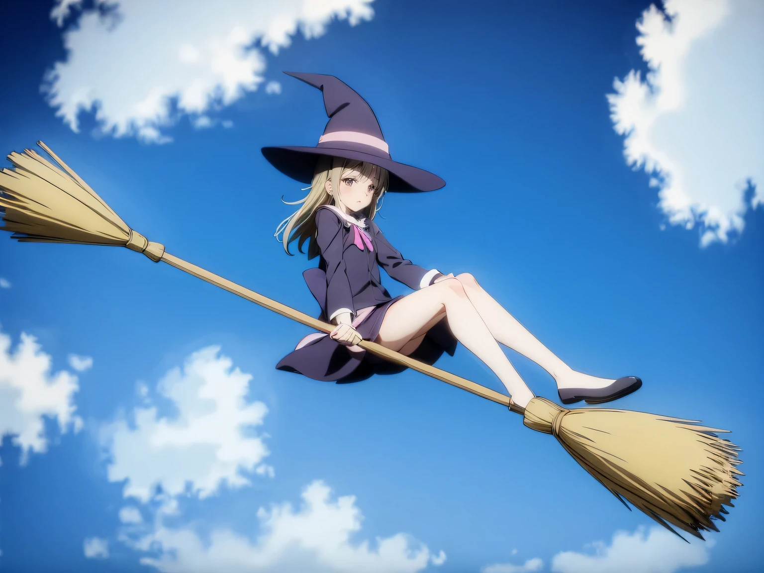 (Flying broomstick race by several witches), Two or three magical girls riding brooms, witch hat, broom, riding a broom, sitting, straddle, straddle a broom, (Magical girls running through the clouds), (serious face: 1.3), (( Compete for speed with your rivals)), (Fly through the clouds: 1.3), (forward leaning posture: 1.3), blue sky, anime, (motion blur), (masterpiece), (highest quality), (Ultra high definition)