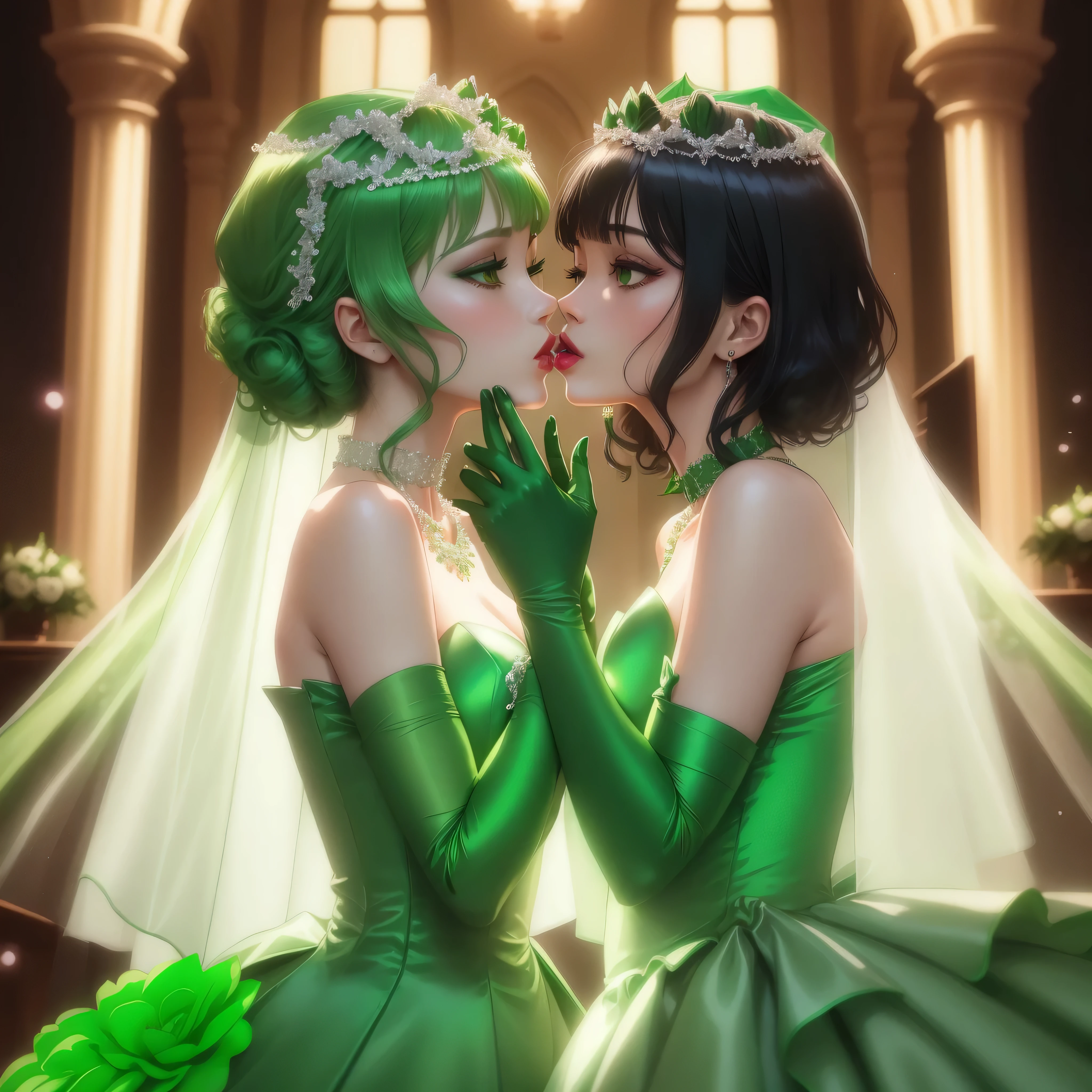 Green Satin Long Gloves, green one piece, Green shorthair, lipstick, kiss, bride, green pearl necklace, 緑のbride,Green Satin Long Gloves, Green Bridal Veil, Green shorthair, lipstick, kiss, bride, green pearl necklace, 緑のbride, lesbian, green eyes, emerald tiara, emerald earrings