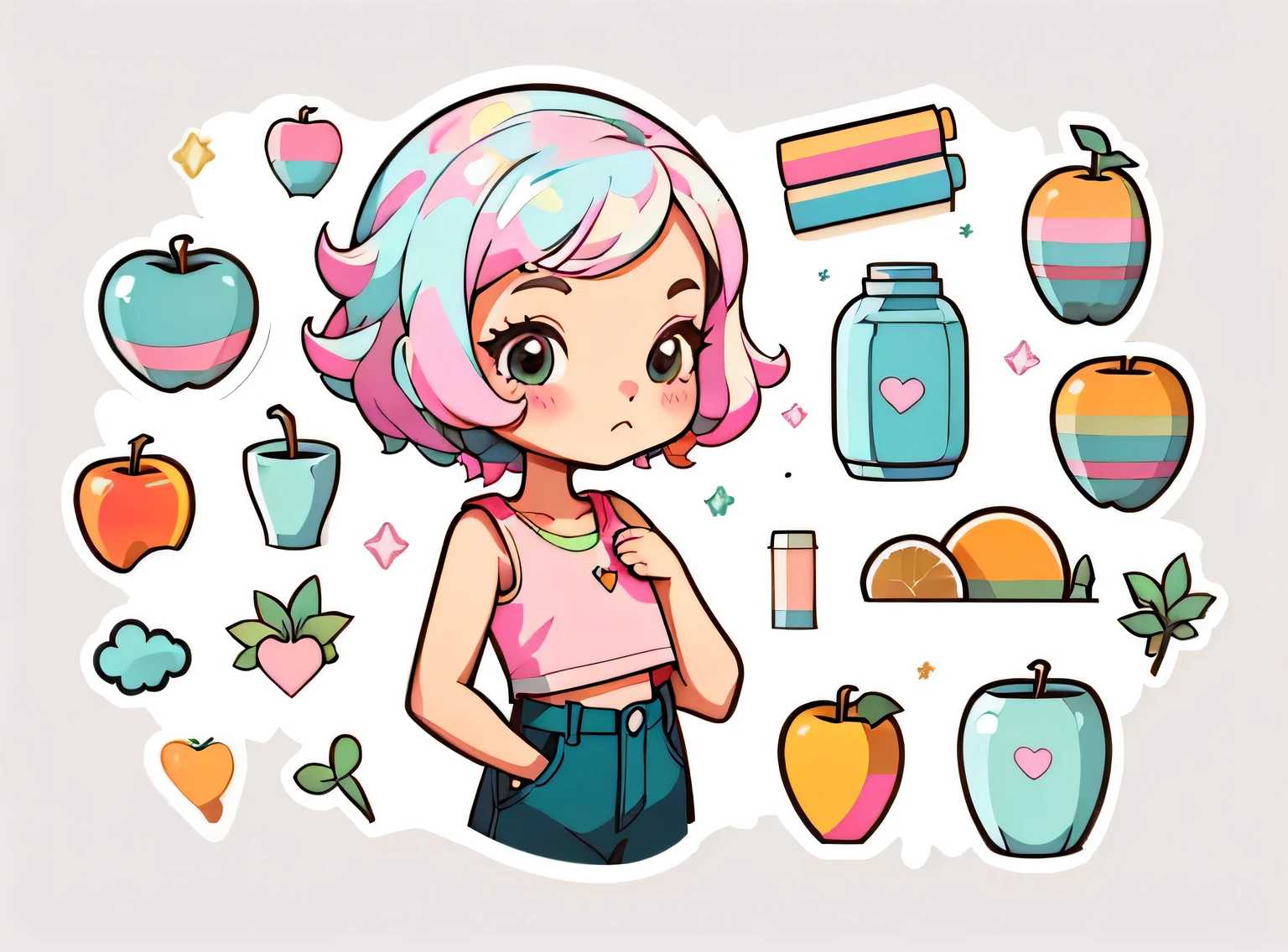 1 adesivo, manual, (uma garota estilosa, modelo, Top rosa, fresco e fresco), fundo branco, fundo simples, minimum, elma, laranja, Bonitinho, pequeno, cor pastel, estilo vetorial, sem gradiente,