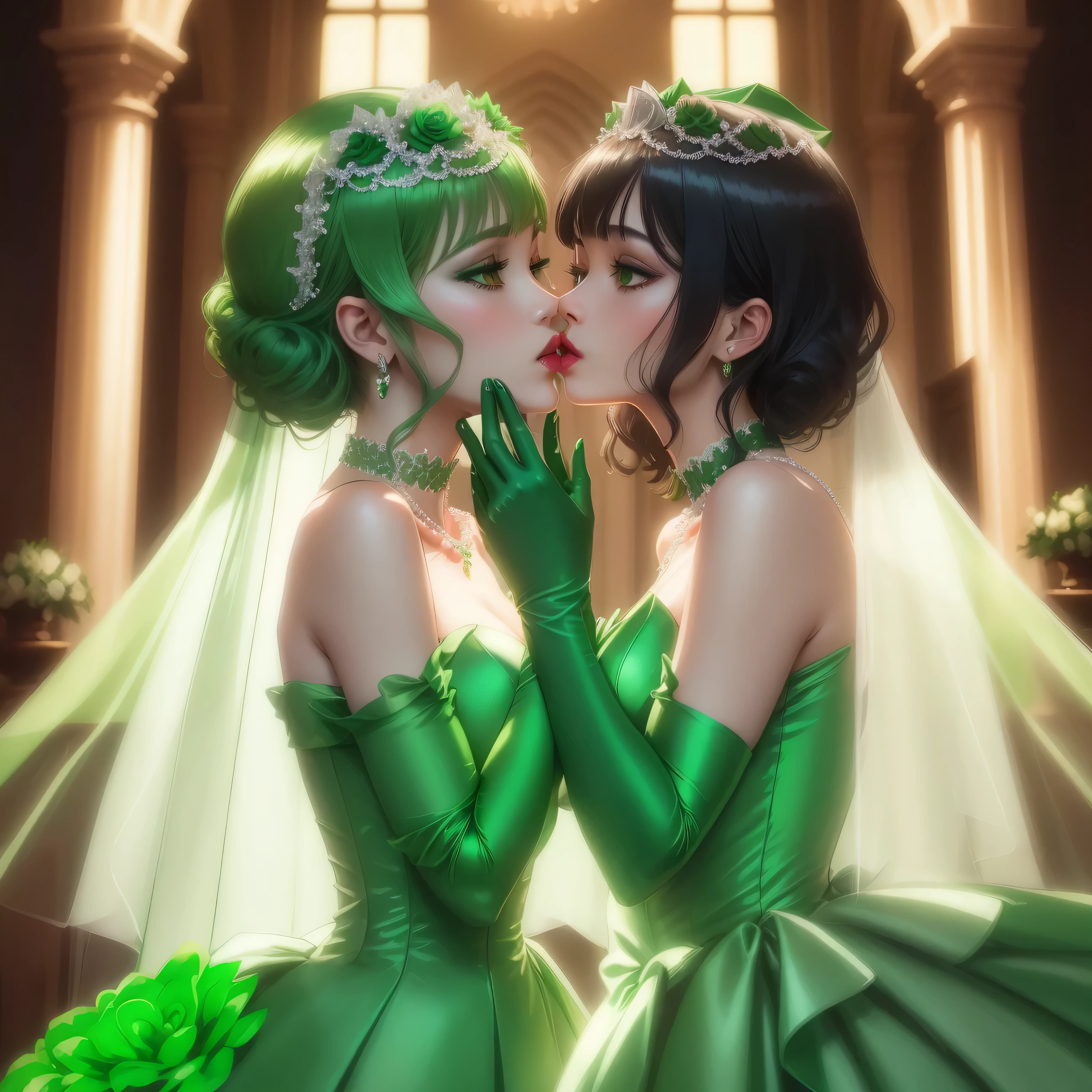 Green Satin Long Gloves, green one piece, Green shorthair, lipstick, kiss, bride, green pearl necklace, 緑のbride,Green Satin Long Gloves, Green Bridal Veil, Green shorthair, lipstick, kiss, bride, green pearl necklace, 緑のbride, lesbian, green eyes, emerald tiara, emerald earrings