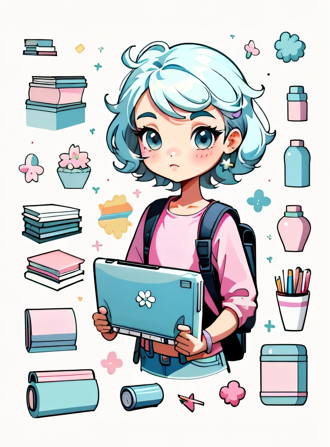 1 adesivo, manual, (uma garota estilosa, modelo, Top rosa, fresco e fresco), fundo branco, fundo simples, minimum, livros, pencil, mochila, computador, Bonitinho, pequeno, cor pastel, estilo vetorial, sem gradiente，