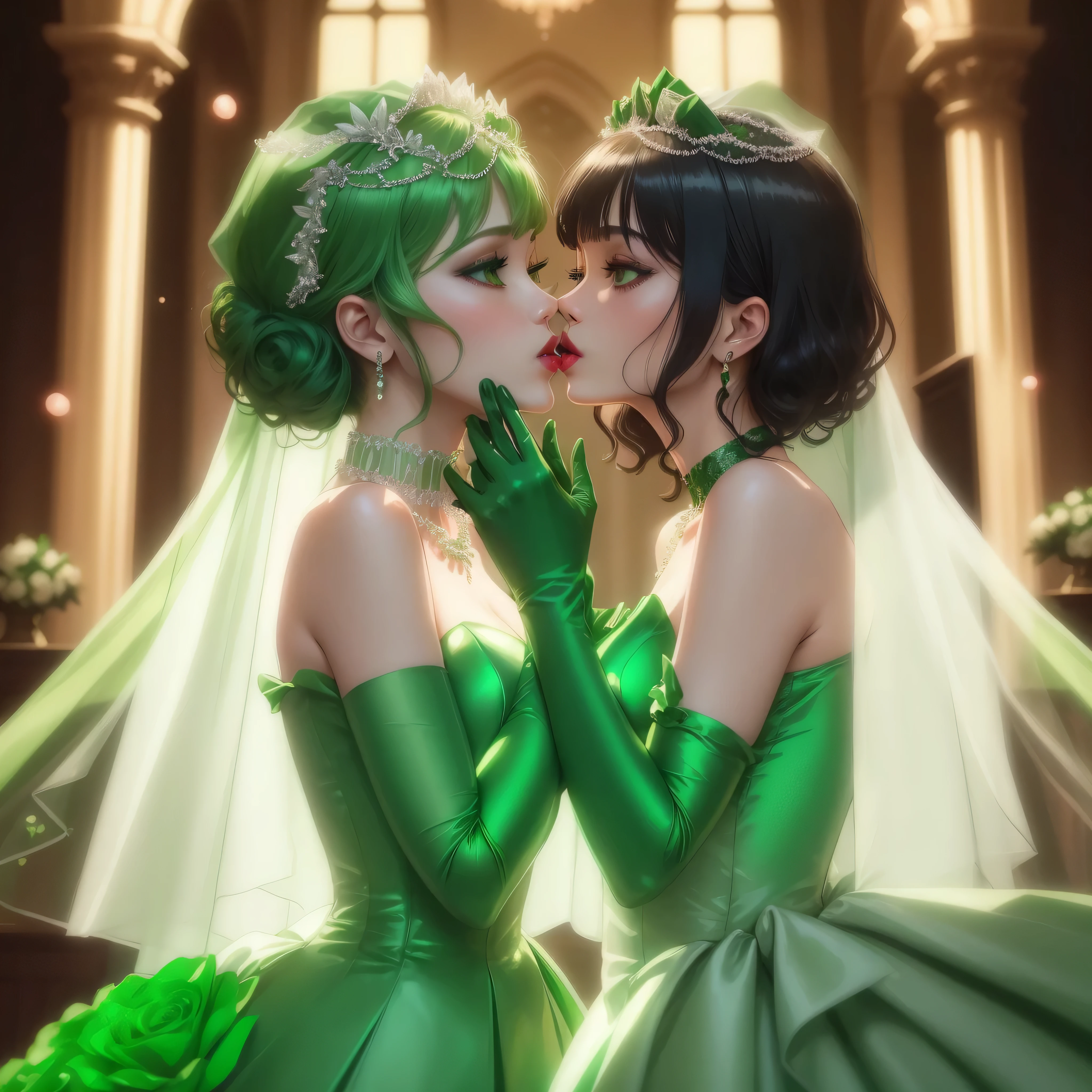 Green Satin Long Gloves, green one piece, Green shorthair, lipstick, kiss, bride, green pearl necklace, 緑のbride,Green Satin Long Gloves, Green Bridal Veil, Green shorthair, lipstick, kiss, bride, green pearl necklace, 緑のbride, lesbian, green eyes, emerald tiara, emerald earrings