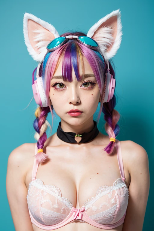 rainbow hair, ponytail, hairclip, hair ribbon, hair bow, maid headdress, goggles, mole under eye, heart-shaped pupils, cat ear headphones, bored, pink nipple flashes under transparent bra