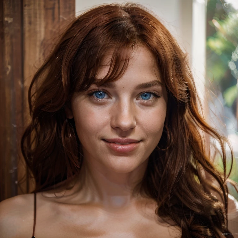 smiling girl, white teeth, dress gold Red hair, length below shoulders in curls gathered HD , photo, movie, Cinematic, whole body, Realistic, (8K, raw photo, Best quality, masterpiece:1.2), (Realistic, photo-Realistic:1.33), Best quality, detailed blue eyes, Darling,daylight, depth of field, granularity, Wrinkled skin, Spicy, detailed and Realistic portrait of a woman