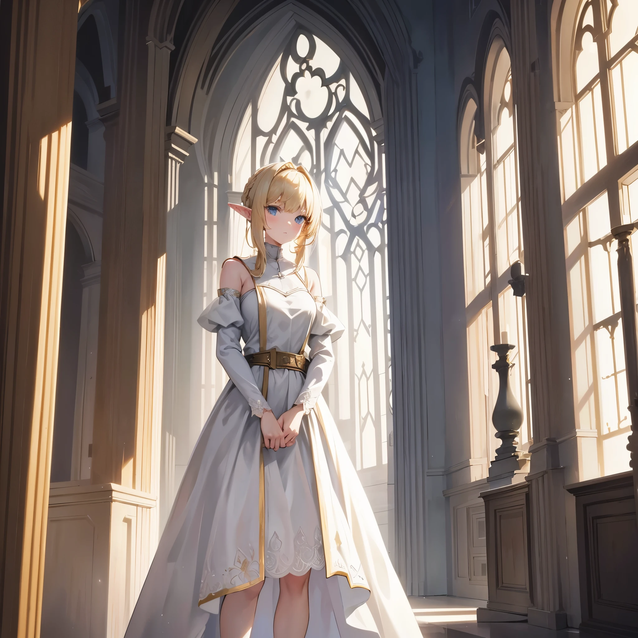 A young elf woman with blonde hair wearing a simple white dress, she is standing in a luxurious castle chamber, she seems out of place because she is wearing a simple white dress. Simple dark backdrop 
