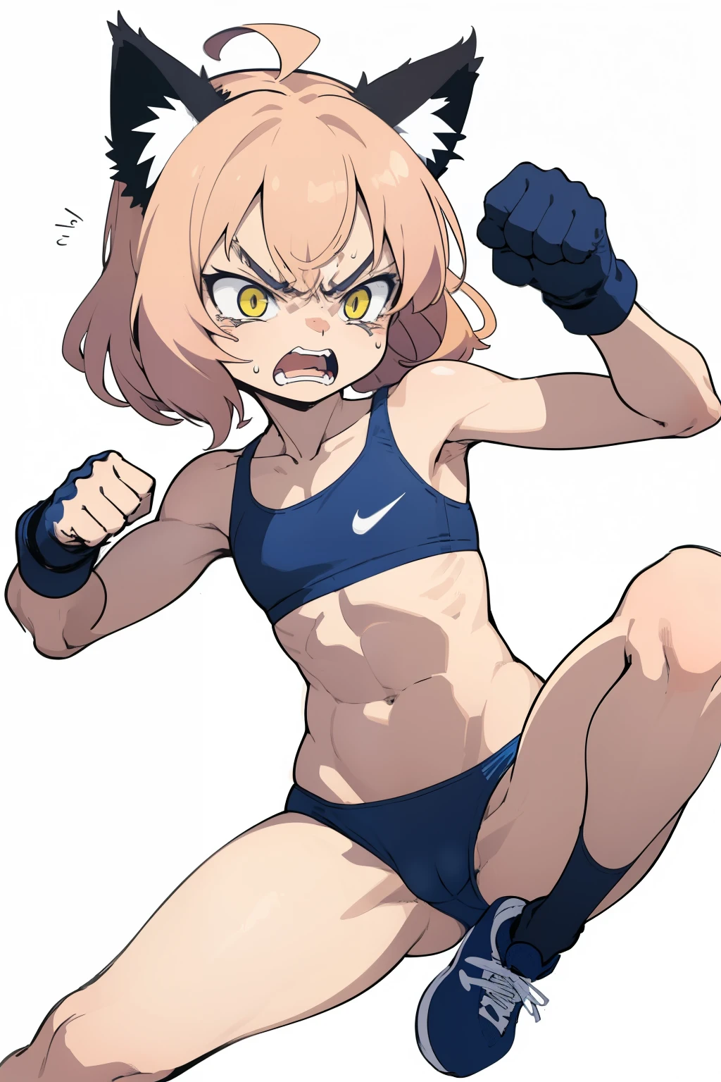 (superflat, flat shading, flat colors), girl, little kid, , lolilat chest, smooth body, nike sports bra, sports panties, fighting pose, angry, serious, emotional, attacking, kick, foot, dynamic pose, motion effect, (cat ears), white background, vibrant colors, bright,