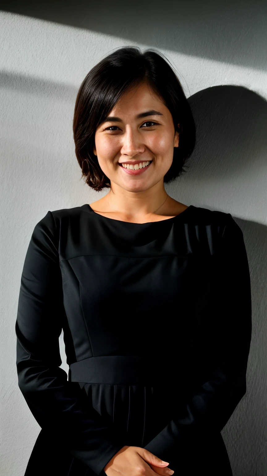 RAW photo, face portrait photo of beautiful 26 y.o woman, cute face, wearing black dress, happy face, hard shadows, cinematic shot, dramatic lighting