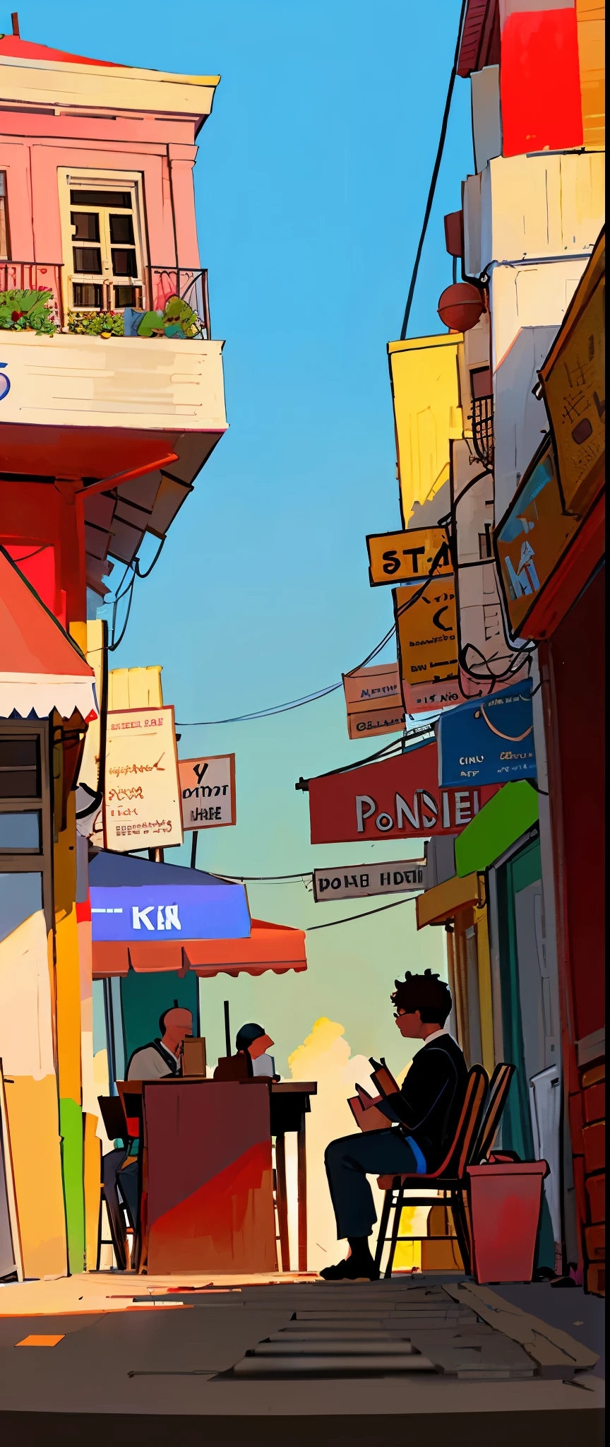 illustration of a street scene with people sitting at tables and walking, by Raphaël Collin, by Bernard D’Andrea, inspired by Tomer Hanuka, ( asaf hanuka ), by Asaf Hanuka, by Tomer Hanuka, by Clément Serveau, inspired by Asaf Hanuka, by Róbert Berény, french comic style
