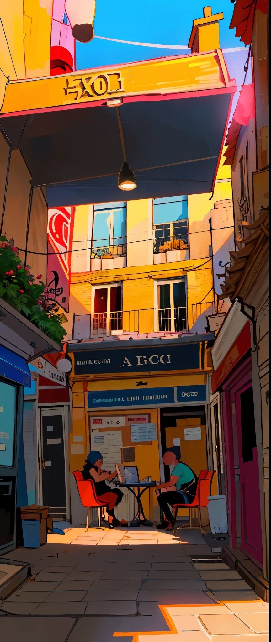 illustration of a street scene with people sitting at tables and walking, by Raphaël Collin, by Bernard D’Andrea, inspired by Tomer Hanuka, ( asaf hanuka ), by Asaf Hanuka, by Tomer Hanuka, by Clément Serveau, inspired by Asaf Hanuka, by Róbert Berény, french comic style