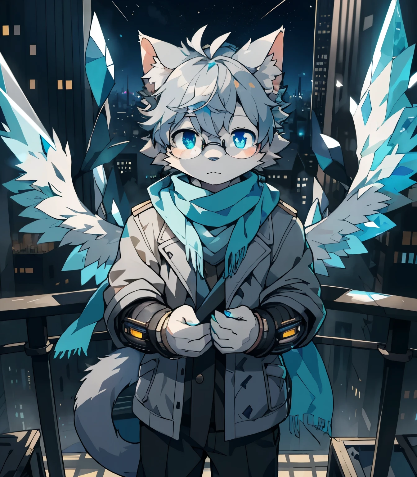 Highest quality, delicate painting style, delicate hook line, masterpiece, delicate skin, delicate hair, complete painting, masterpiece, delicate hands, delicate eyes, normal eyes, gray cat ears, furry, black frame round glasses, blue eyes, handsome, ((white scarf)), cat style, Shota, cyberpunk, blue pupils, city night view, gray crystal wings, mottled light and shadow, boy, bright eyes of God. , crystal shards in the air, cities, gray fur