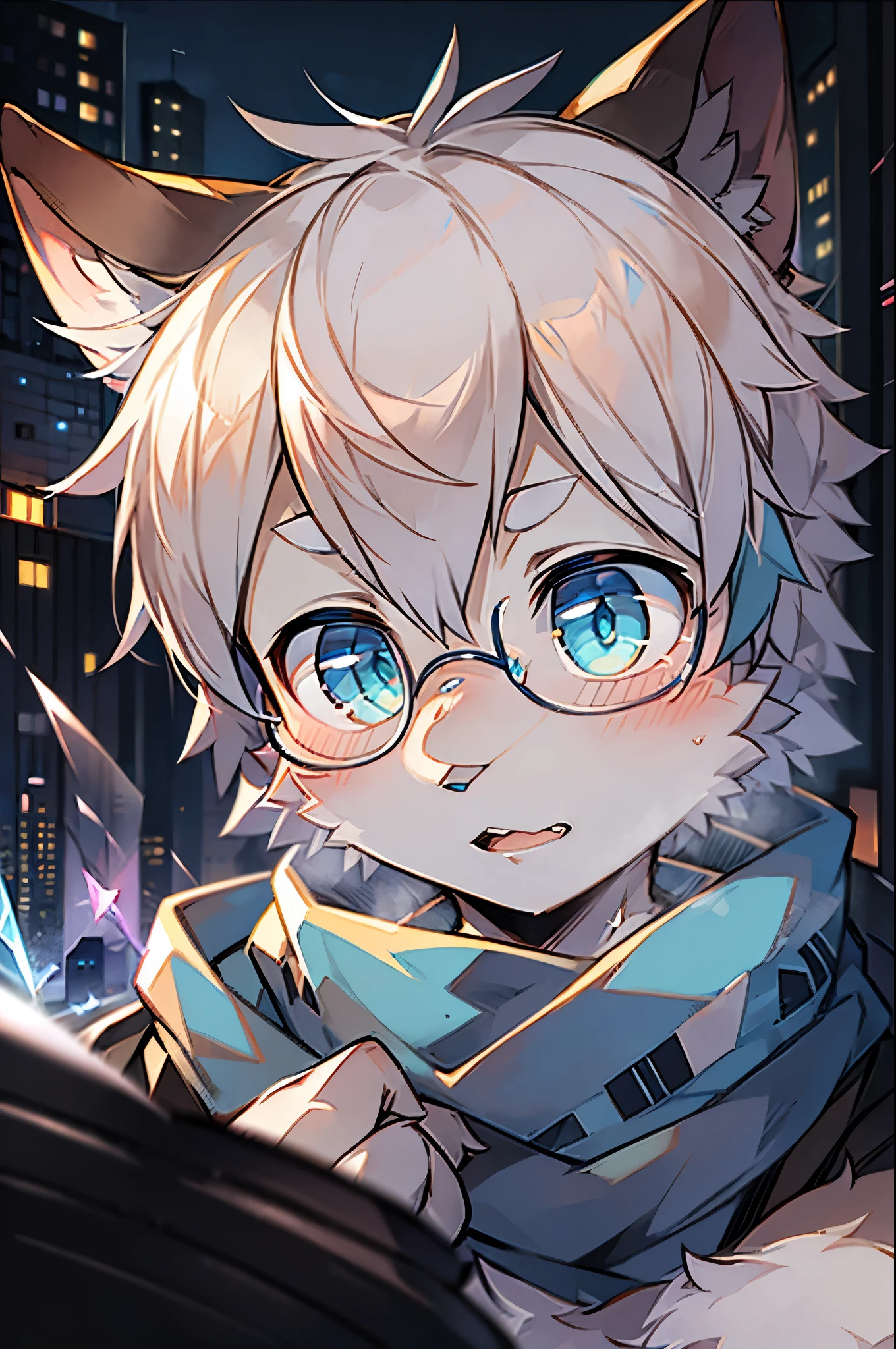 Highest quality, delicate painting style, delicate hook line, masterpiece, delicate skin, delicate hair, complete painting, masterpiece, delicate hands, delicate eyes, normal eyes, gray cat ears, furry, black frame round glasses, blue eyes, handsome, ((white scarf)), cat style, Shota, cyberpunk, blue pupils, city night view, gray crystal wings, mottled light and shadow, boy, bright eyes of God. , crystal shards in the air, cities, gray fur