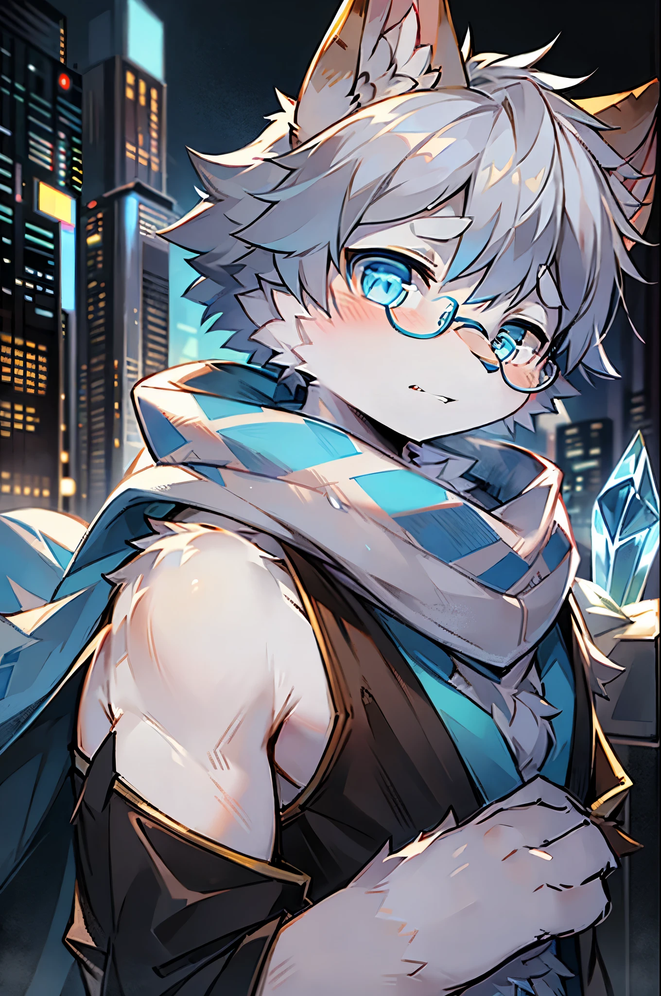 Highest quality, delicate painting style, delicate hook line, masterpiece, delicate skin, delicate hair, complete painting, masterpiece, delicate hands, delicate eyes, normal eyes, gray cat ears, furry, black frame round glasses, blue eyes, handsome, ((white scarf)), cat style, Shota, cyberpunk, blue pupils, city night view, gray crystal wings, mottled light and shadow, boy, bright eyes of God. , crystal shards in the air, cities, gray fur