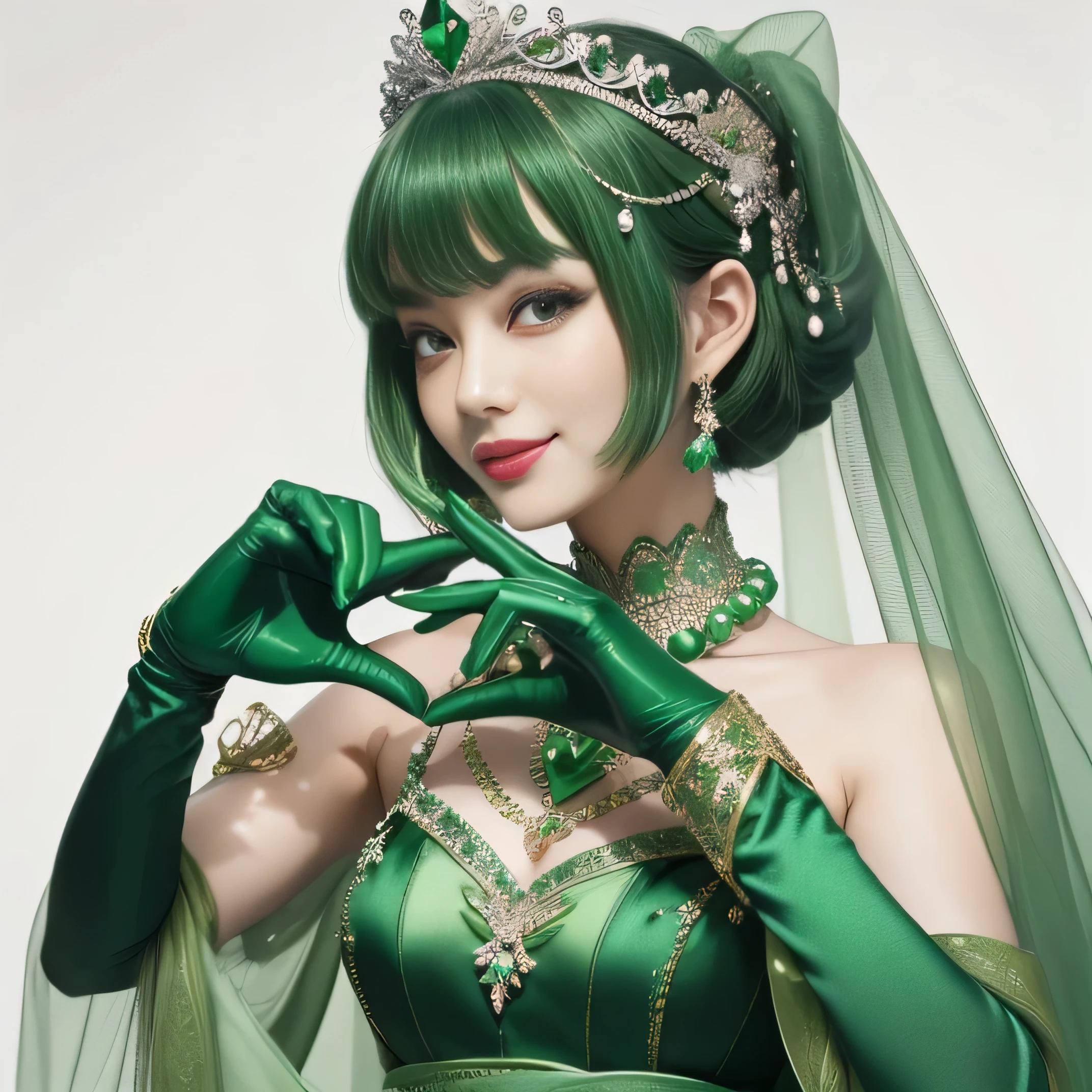 emerald tiara, green pearl necklace, ボーイッシュな非常に短いgreen hair, lipstick, smiling Japanese woman, very short hair,  Beauty with large breasts, green eyes, Long Green Satin Gloves, green eyes, emerald earrings, green veil, heart with both hands, green hair, beautiful japanese woman, heart shaped hand:1.3, green lip gloss