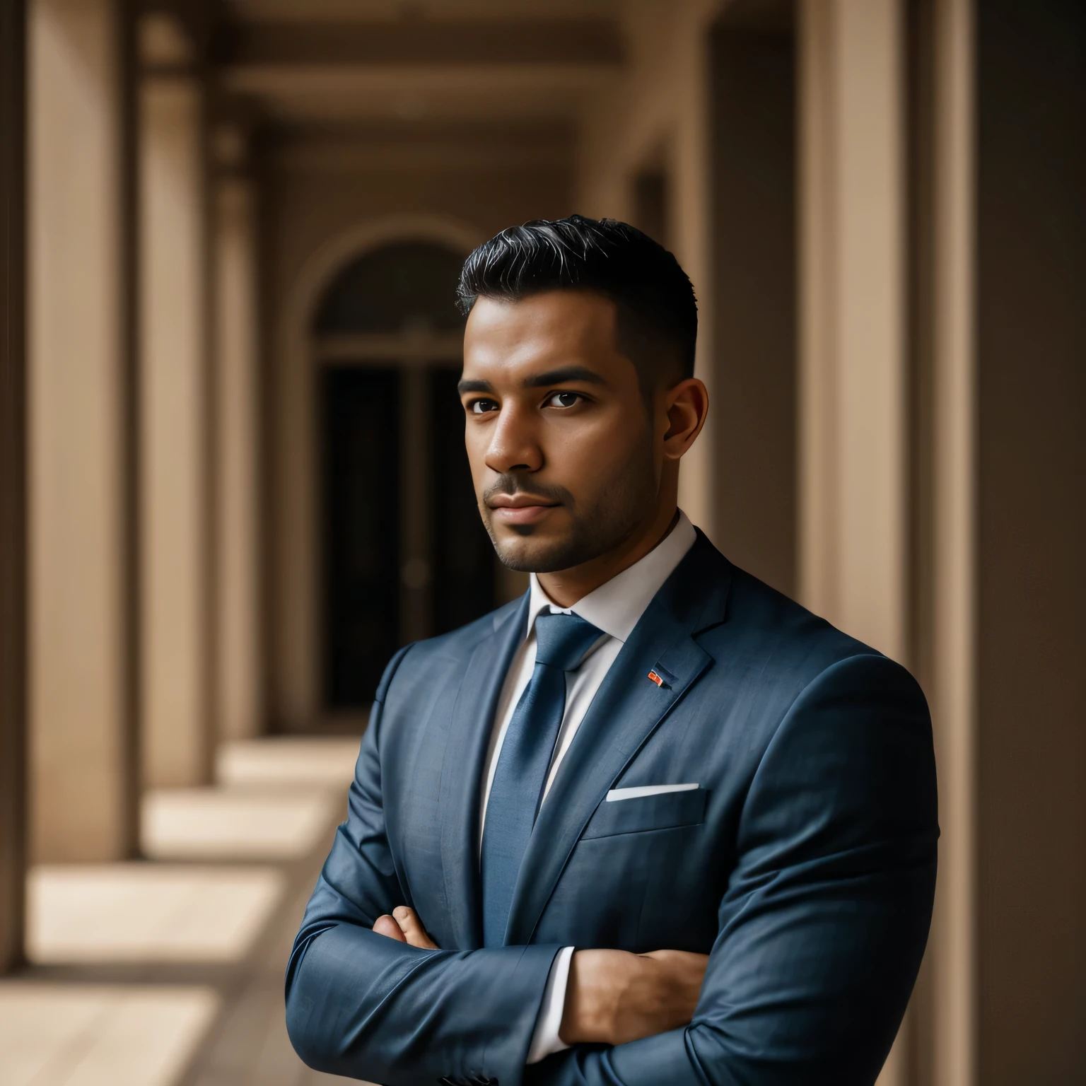 1man, 29years, black olive, businessman, front view, latin peruvian, business style, arms crossed, face ultradetail, award winning portrait photo, Key light, backlight, soft natural lighting, blue dress jacket, backlight, soft natural lighting, Man standing, photography Film grain ISO 1400 100mm lens Aperture RAW f1.4, highly detailed, looking at the horizon, 8k, Latin, (analogue photography: 1.0), hdr colors, background buildings city