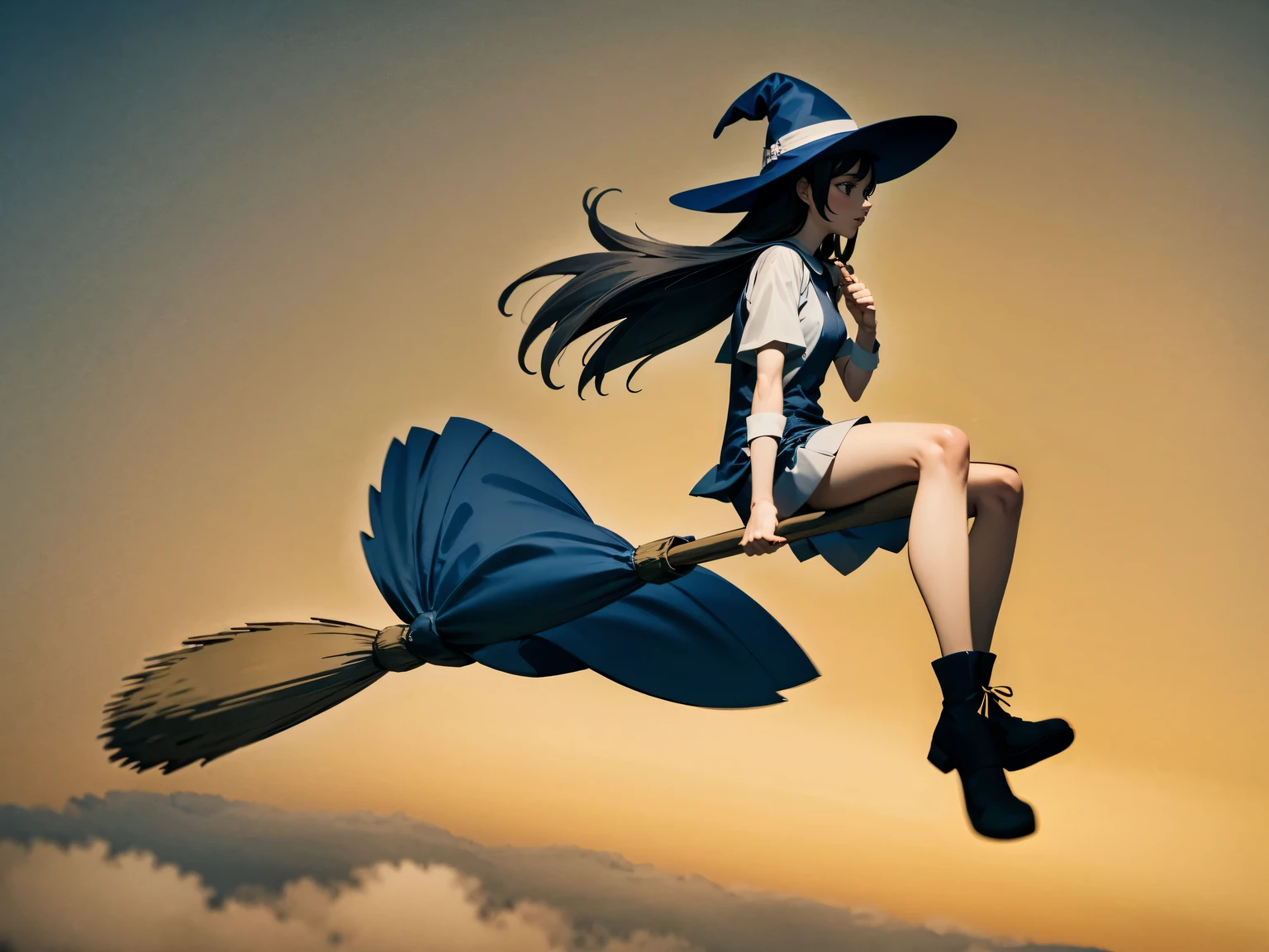 空飛ぶbroomレース, Magical girl, witch hat, broom, broom riding, sitting, straddle, straddle the broom, 雲を疾走するMagical girl, desperate face, Compete for speed with your rivals, From the side, blue sky, (motion blur), (masterpiece), (highest quality), (Ultra high definition)