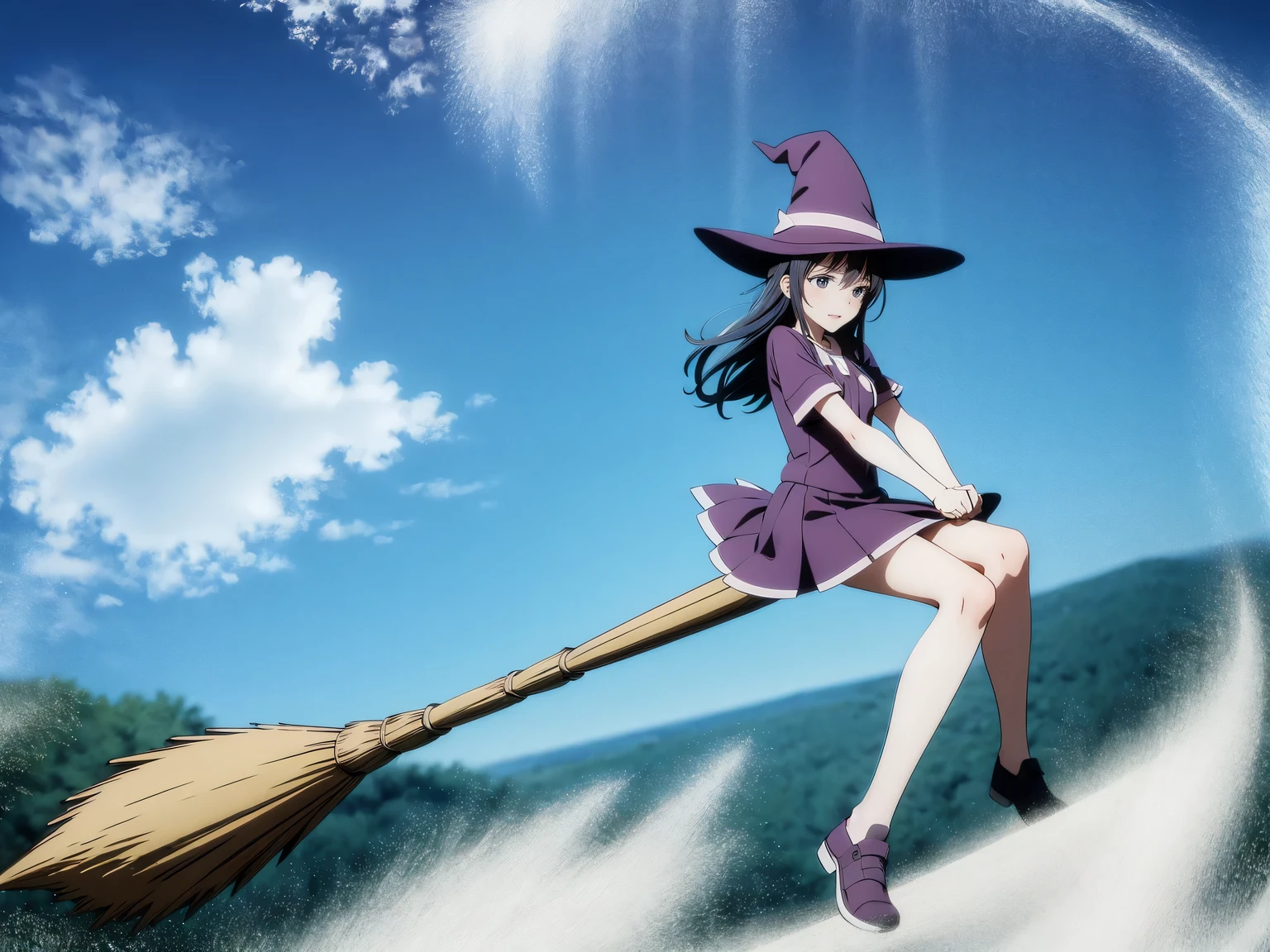 空飛ぶbroomレース, Magical girl, witch hat, broom, broom riding, sitting, straddle, straddle the broom, 雲を疾走するMagical girl, desperate face, Compete for speed with your rivals, From the side, blue sky, (motion blur), (masterpiece), (highest quality), (Ultra high definition)