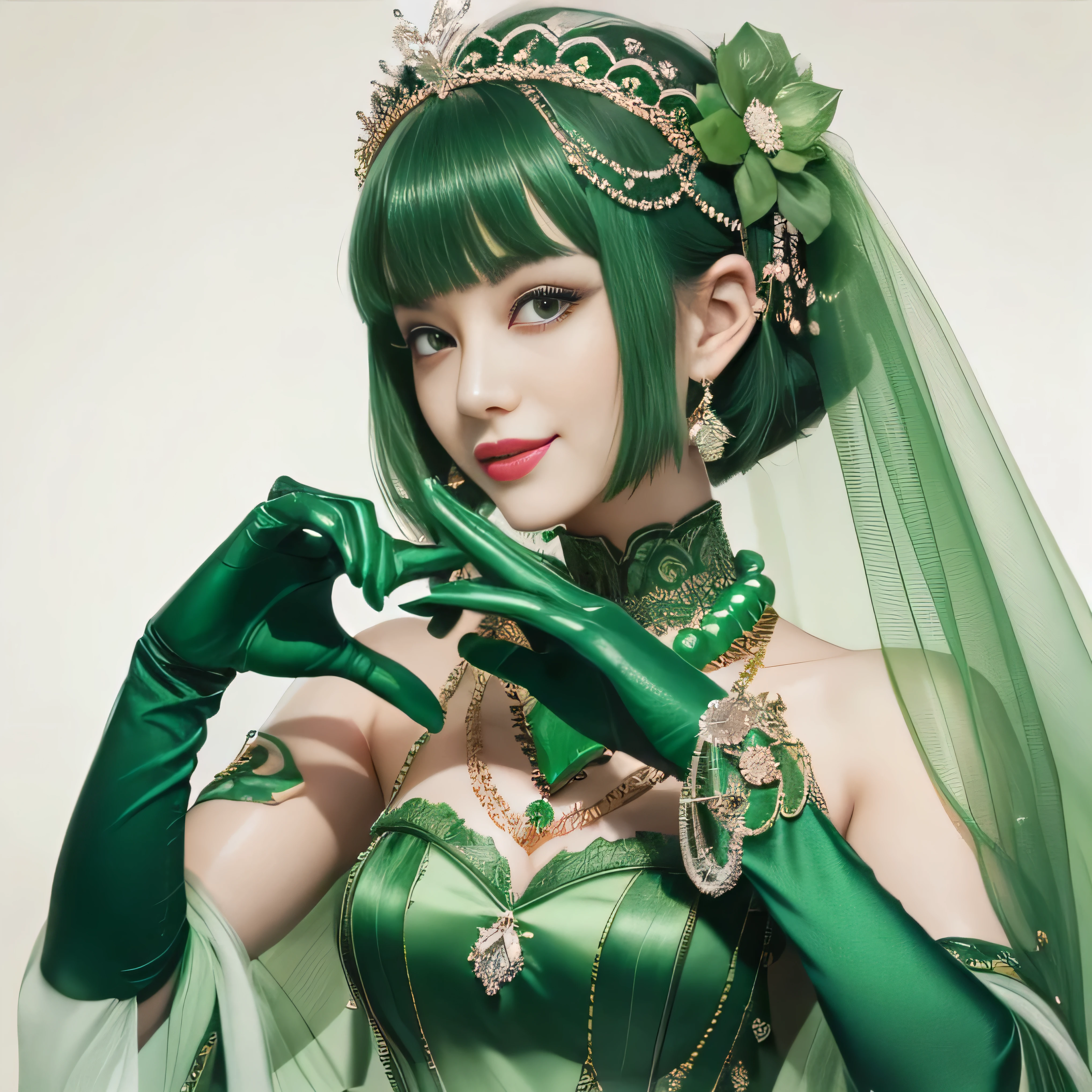 emerald tiara, green pearl necklace, ボーイッシュな非常に短いgreen hair, lipstick, smiling Japanese woman, very short hair, Beauty with large breasts, green eyes, Long Green Satin Gloves, green eyes, emerald earrings, green veil, heart with both hands, green hair, beautiful japanese woman, heart shaped hand:1.3, green lip gloss