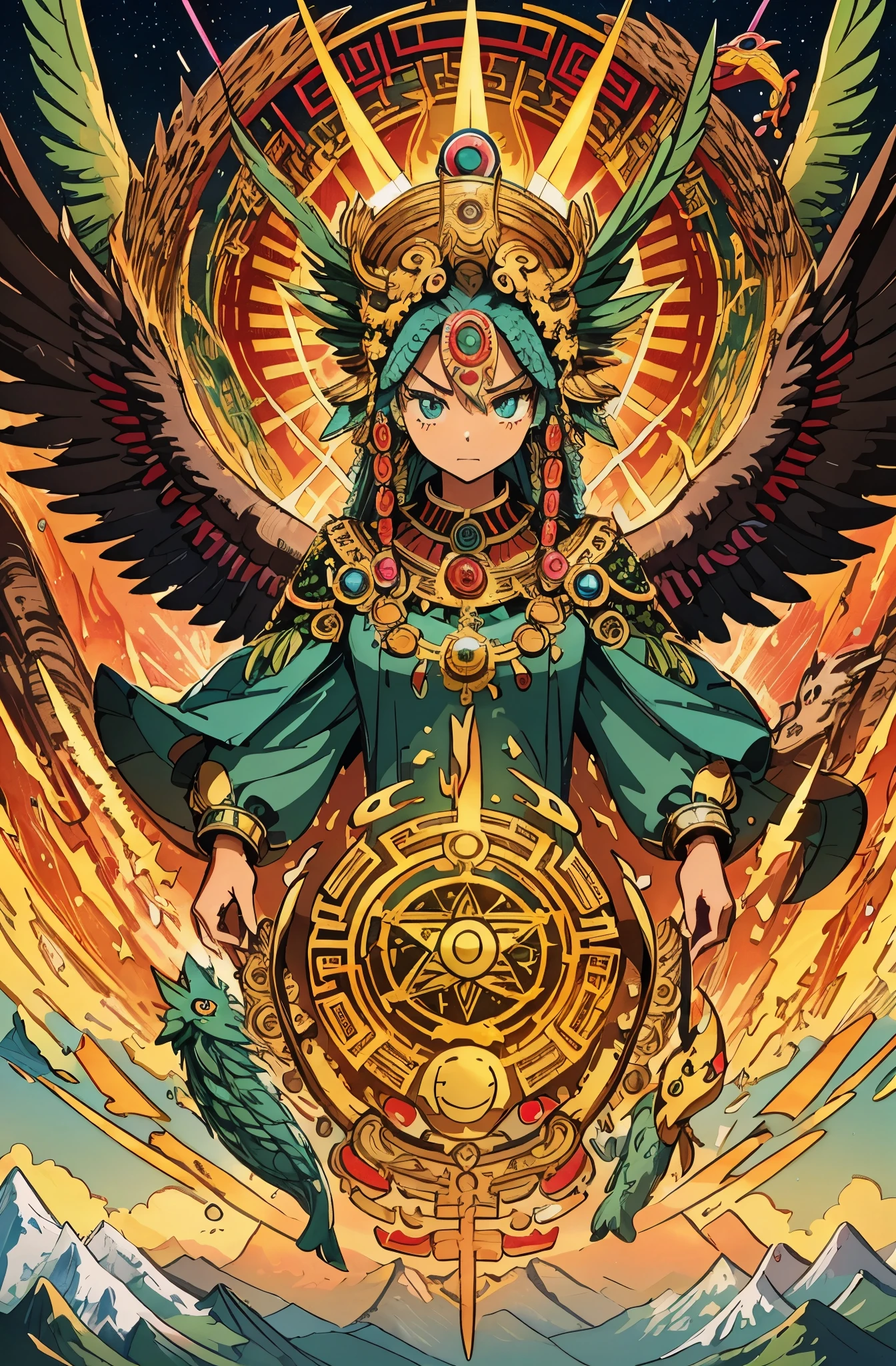 Masterpiece, best quality, {best quality}, {{masterpiece}}, {highres}, anime, attractive, exotic, Quetzalcoatl, Kukulkan, Serpent God, feathered serpent, flying plumes, plumage, Aztec, golden, gold, thunder, thunder, claws, sharp teeth, serious, destruction