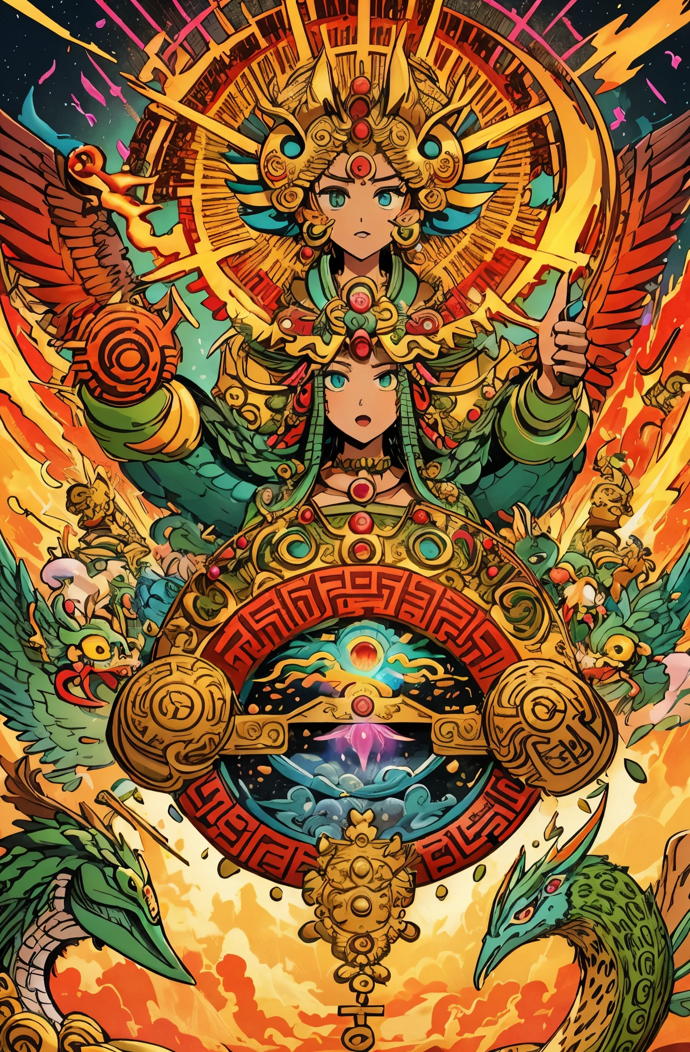 Masterpiece, best quality, {best quality}, {{masterpiece}}, {highres}, anime, attractive, exotic, Quetzalcoatl, Kukulkan, Serpent God, feathered serpent, flying plumes, plumage, Aztec, golden, gold, thunder, thunder, claws, sharp teeth, serious, destruction